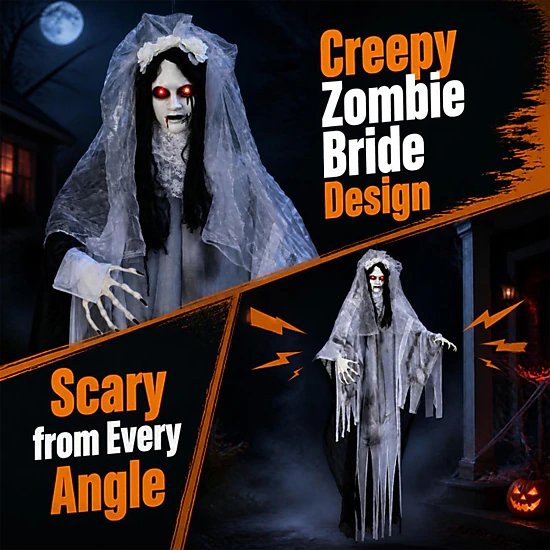 SUGIFT Animated 6-ft Ghost Bride Hanging Halloween Decoration with ...