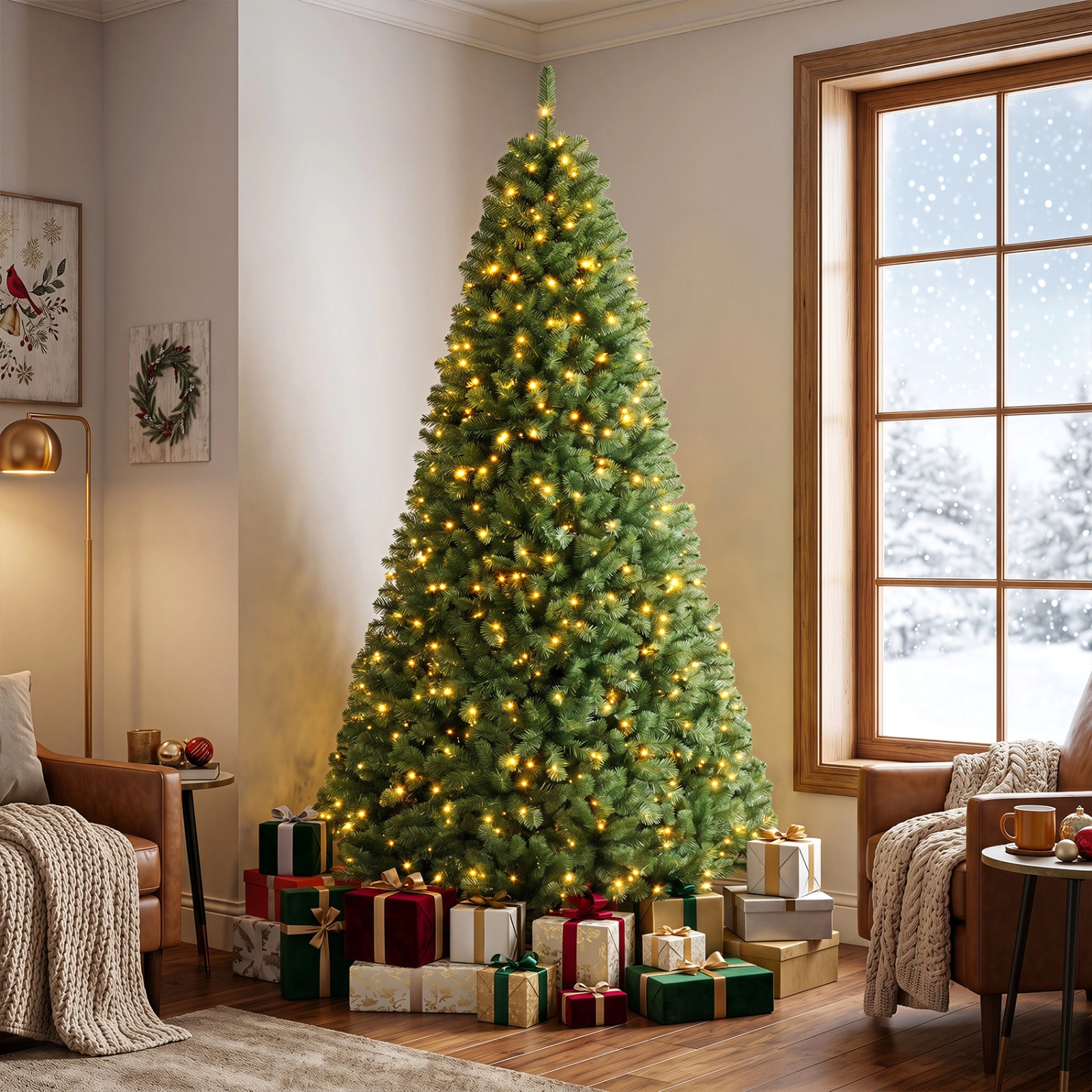 SUGIFT 8-ft Green Pre-Lit Artificial Christmas Tree with 600 LED Lights 4 Brightness Levels and 1605 Tips