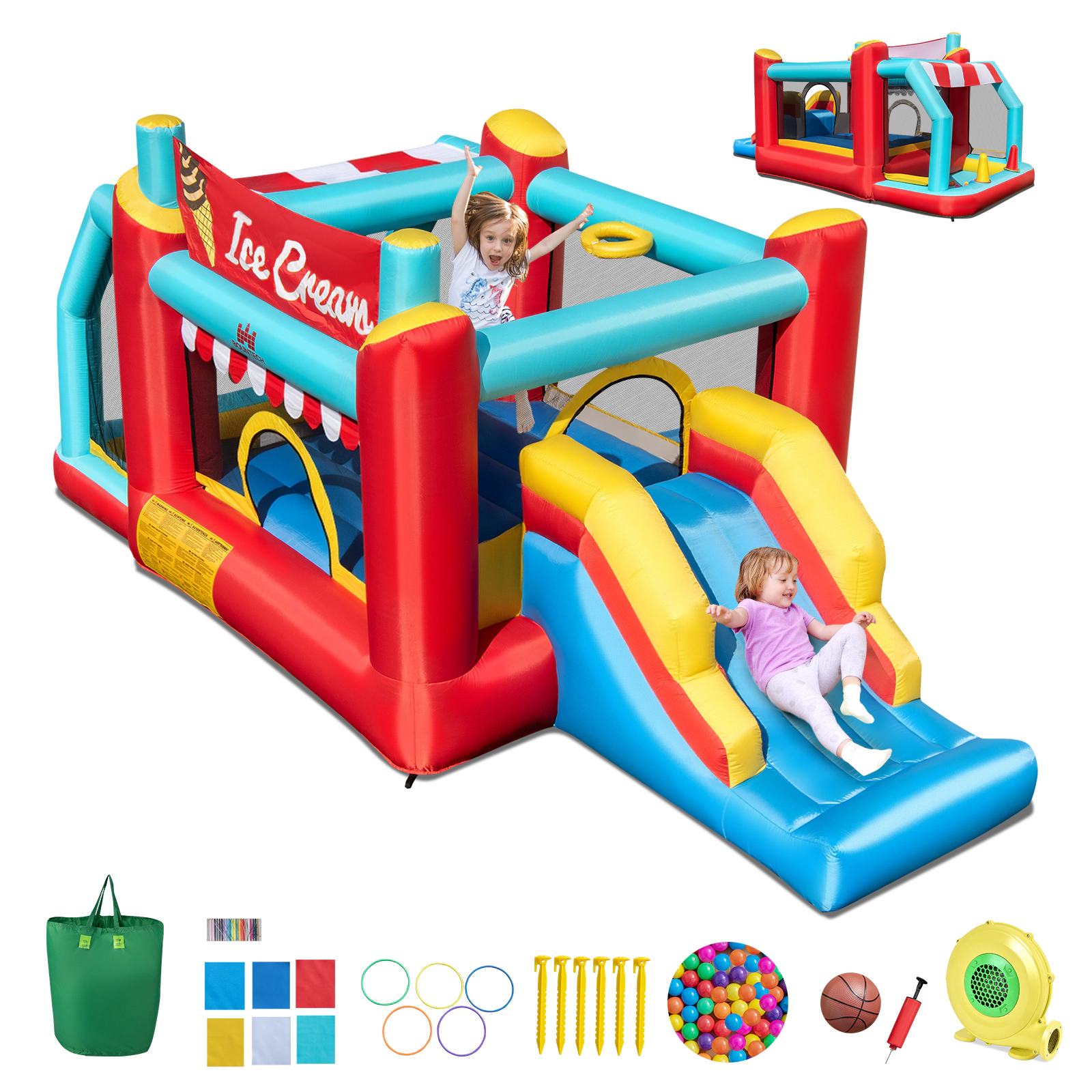 5-in-1 Ice Cream Inflatable Bounce House with Slide Ball Pit 50 Ocean Balls Basketball Ring Toss
