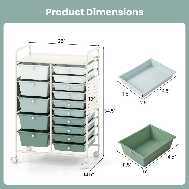 Hivvago 15-Drawer Rolling Storage Cart with Metal Tabletop and Pegboard