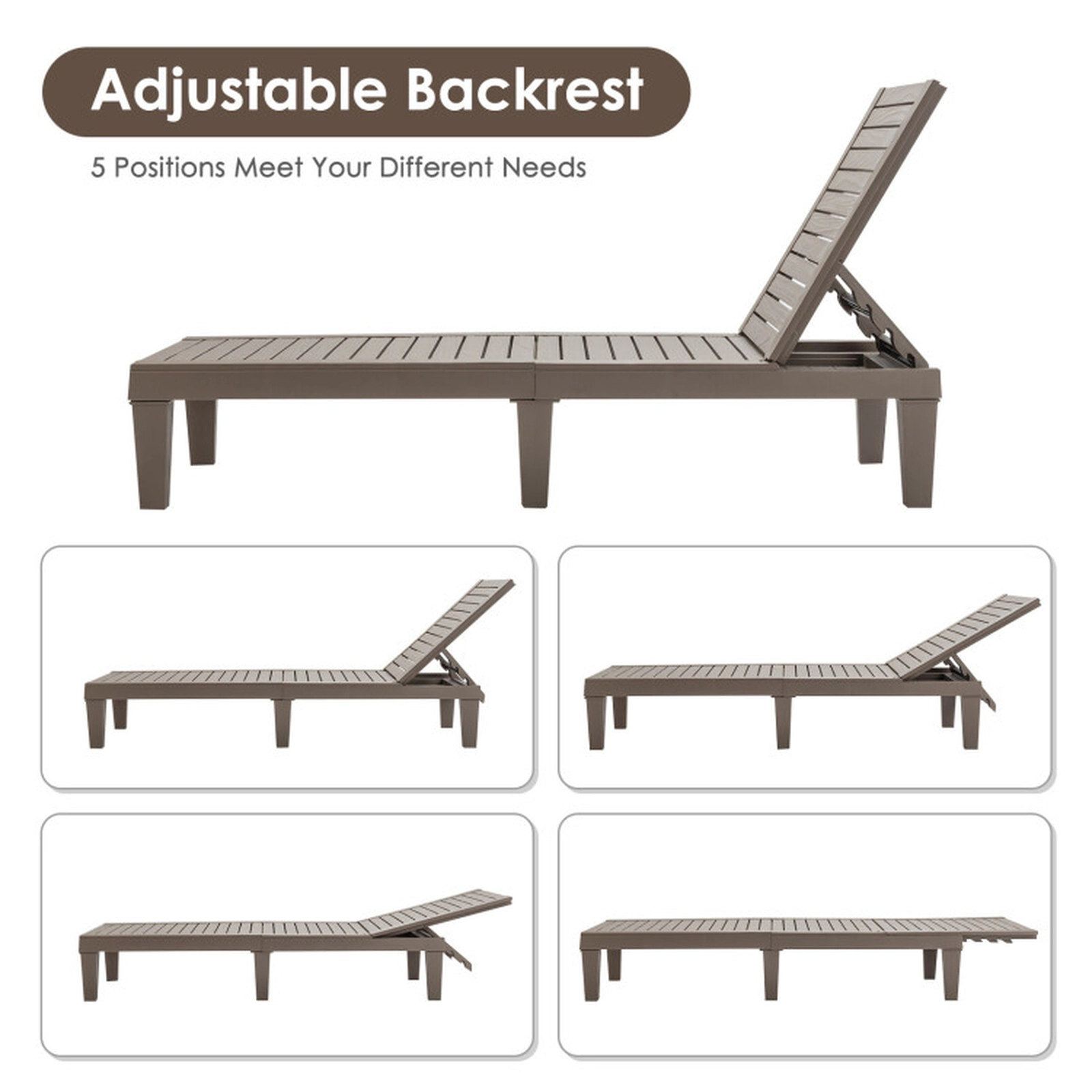 SUGIFT Brown 5-Position Backrest All-Weather PP 400-lb Set of 2 Outdoor Chaise Lounge Chairs
