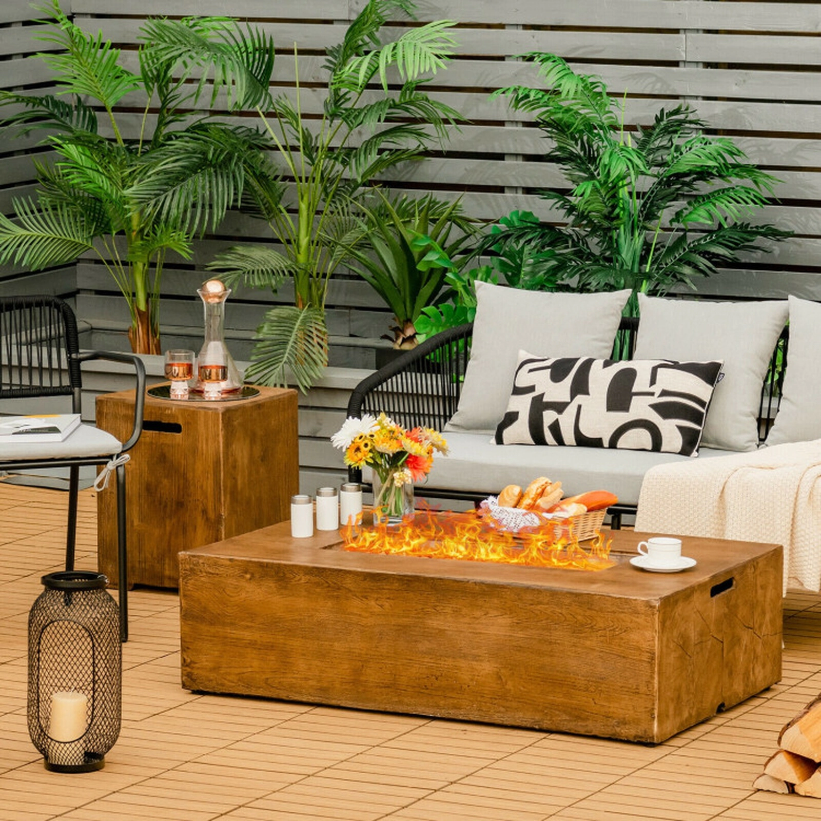 SUGIFT 2-Piece Brown Rectangular Propane Fire Pit Table Set with Hideaway Tank Holder 48-in W 27-in D 13.5-in H
