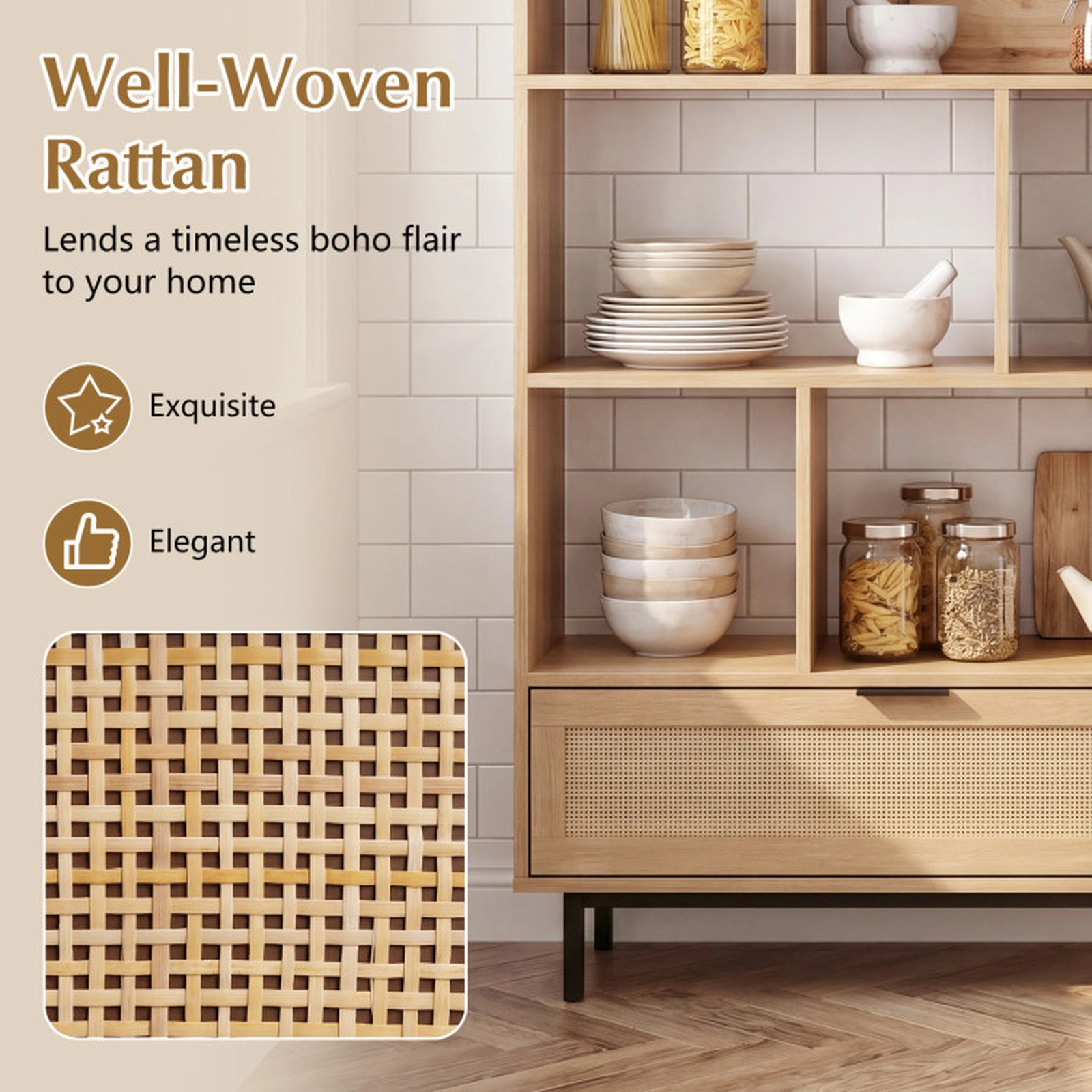 SUGIFT 64-in 6-Tier 33-lb Capacity Natural Wooden Bookcase with 8 Open Cubes Rattan Drawer and Metal Legs