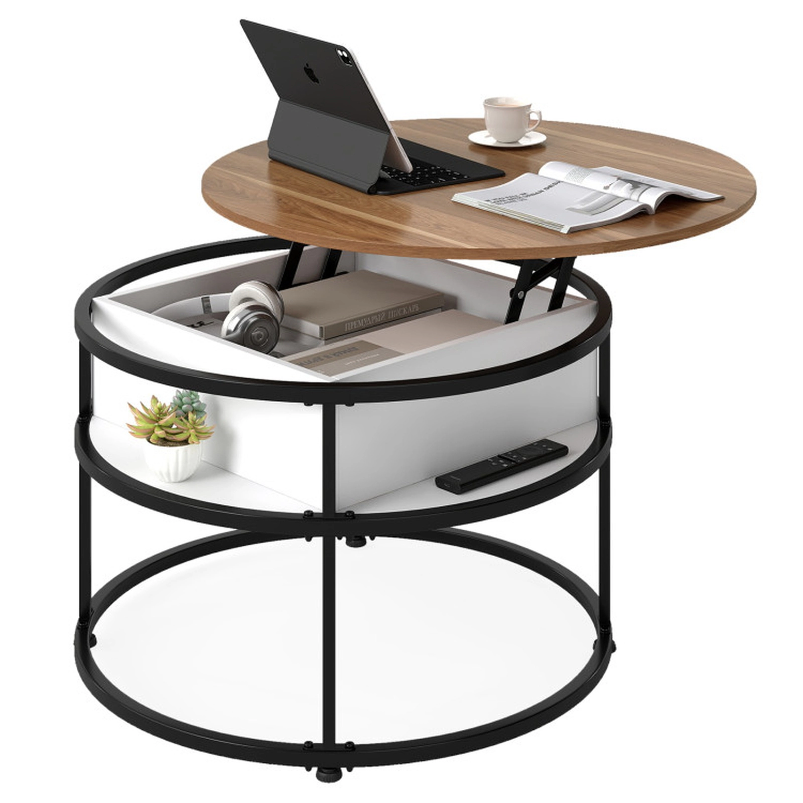 SUGIFT 31.5-in 110-lb Capacity Round Lift Top Teak Coffee Table with Hidden Compartment and 4 Side Shelves