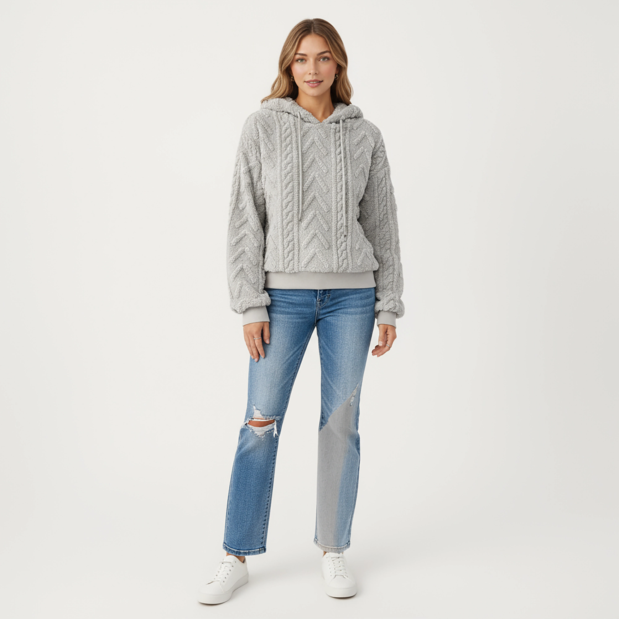 Anna-Kaci Women's Plush Textured Hoodie with Cable Inspired Patterning, High Pile Fabric, Ribbed Trim Accents