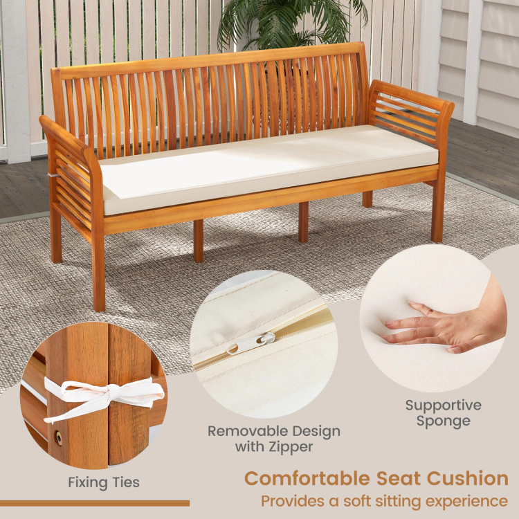 Hivvago 62.5 Inches Patio 3-Seat Wood Bench With Soft Seat Cushions-White