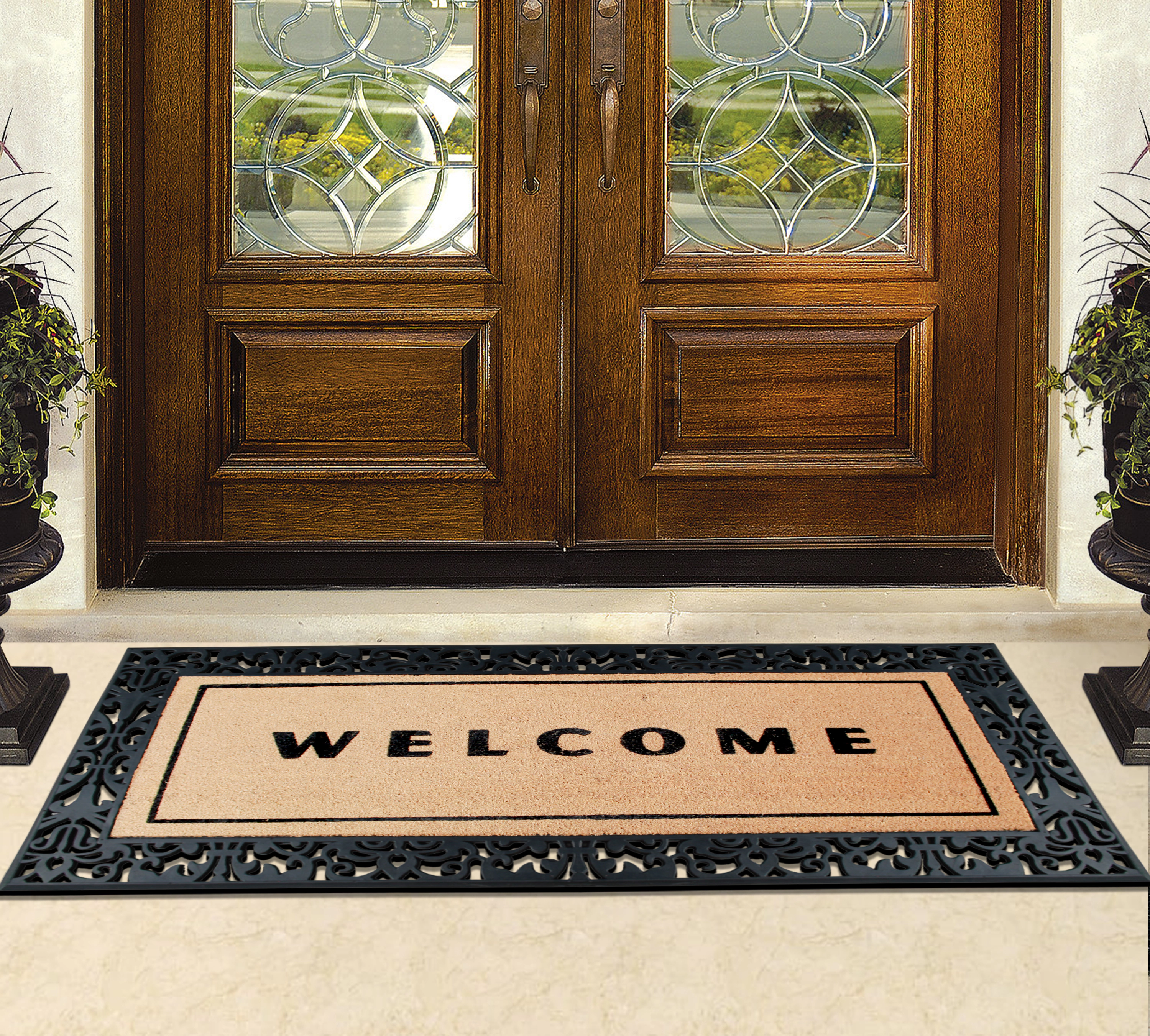 A1HC Coir Flocked Door Mat 30x60 Inches Heavy Duty Non-Slip Durable Flock Welcome Paisley Border