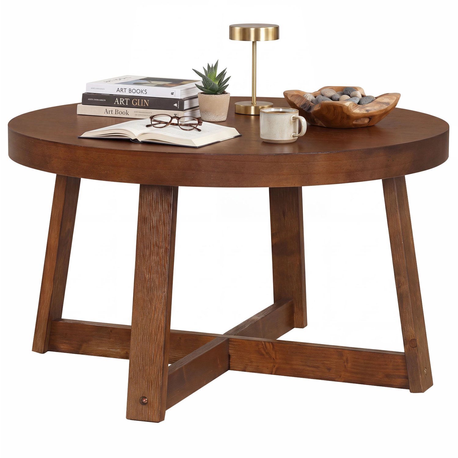 LJG Round Coffee Table for Living Room 30 Inch Farmhouse Accent with Study Rubber Wood Legs