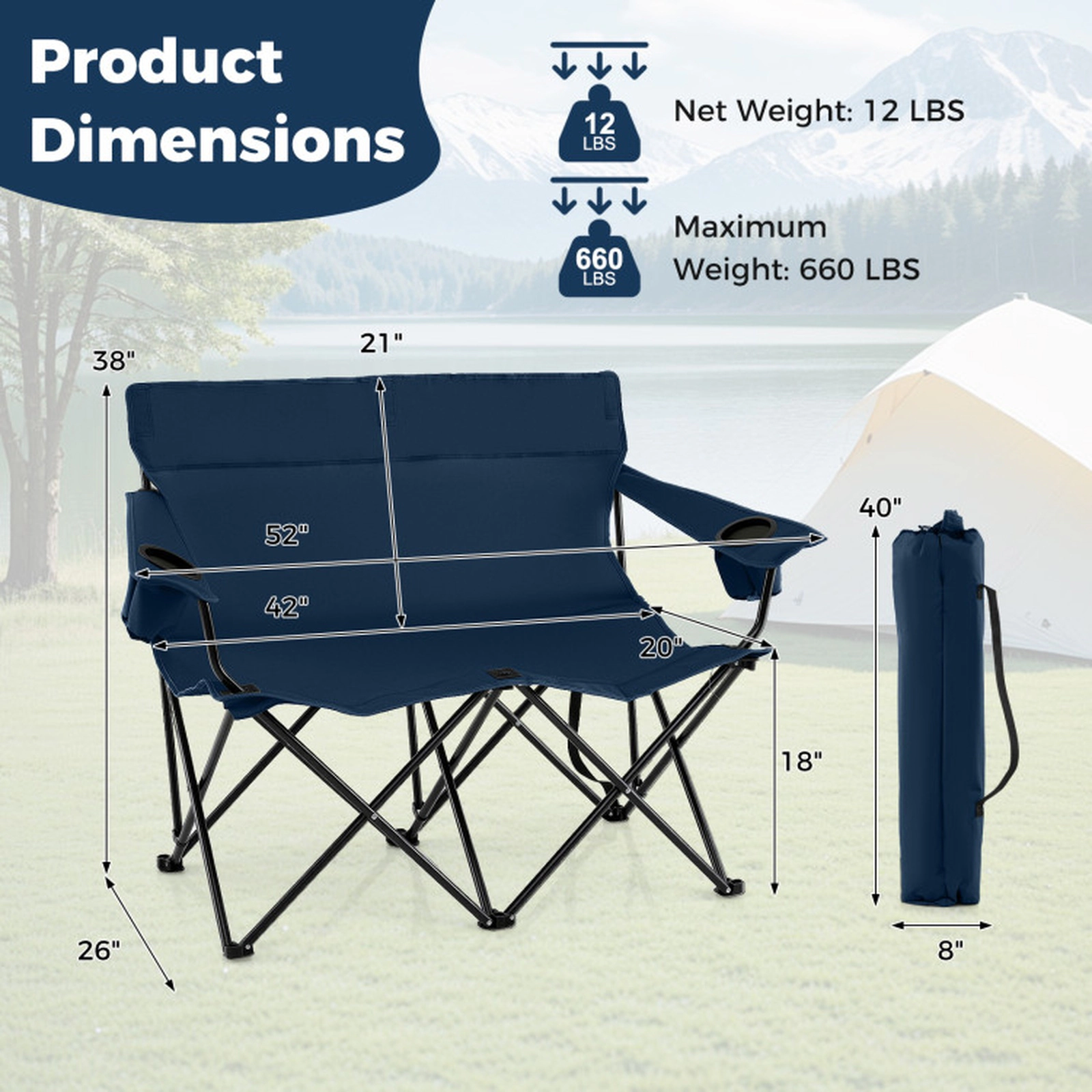 SUGIFT 2-Person Double Camping Loveseat Chair 660-lb Capacity 52-in Wide Folding Outdoor Seat with Cup Holders Blue