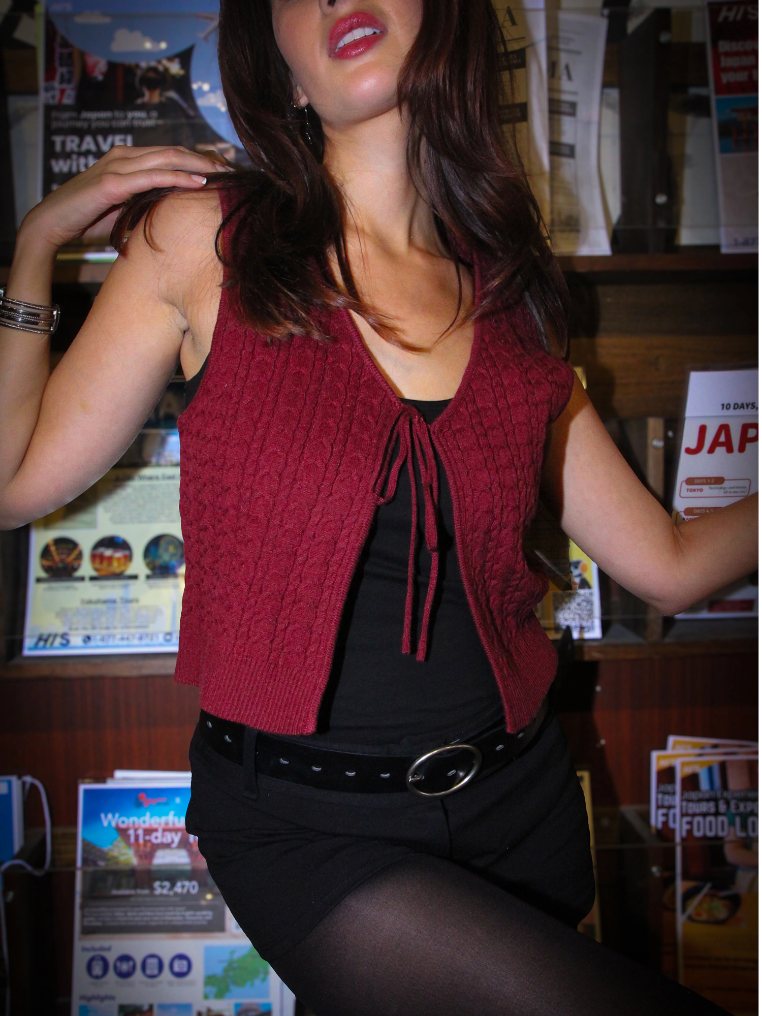 JESS by Meiko Women's Open Front Lightweight Cable Knit Tie Vest