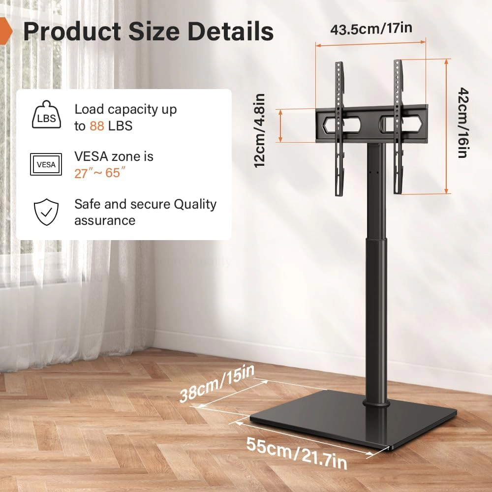 KKTONER Universal Floor TV Stand for 27 to 65 Inch TVs, Height Adjustable, Swivel, Max VESA 400x400mm, Holds up to 88 lb