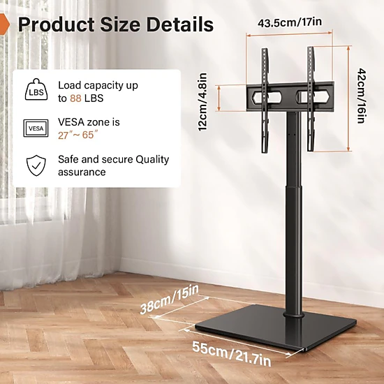 KKTONER Universal Floor TV Stand for 27 to 65 Inch TVs, Height Adjustable, Swivel, Max VESA 400x400mm, Holds up to 88 lb