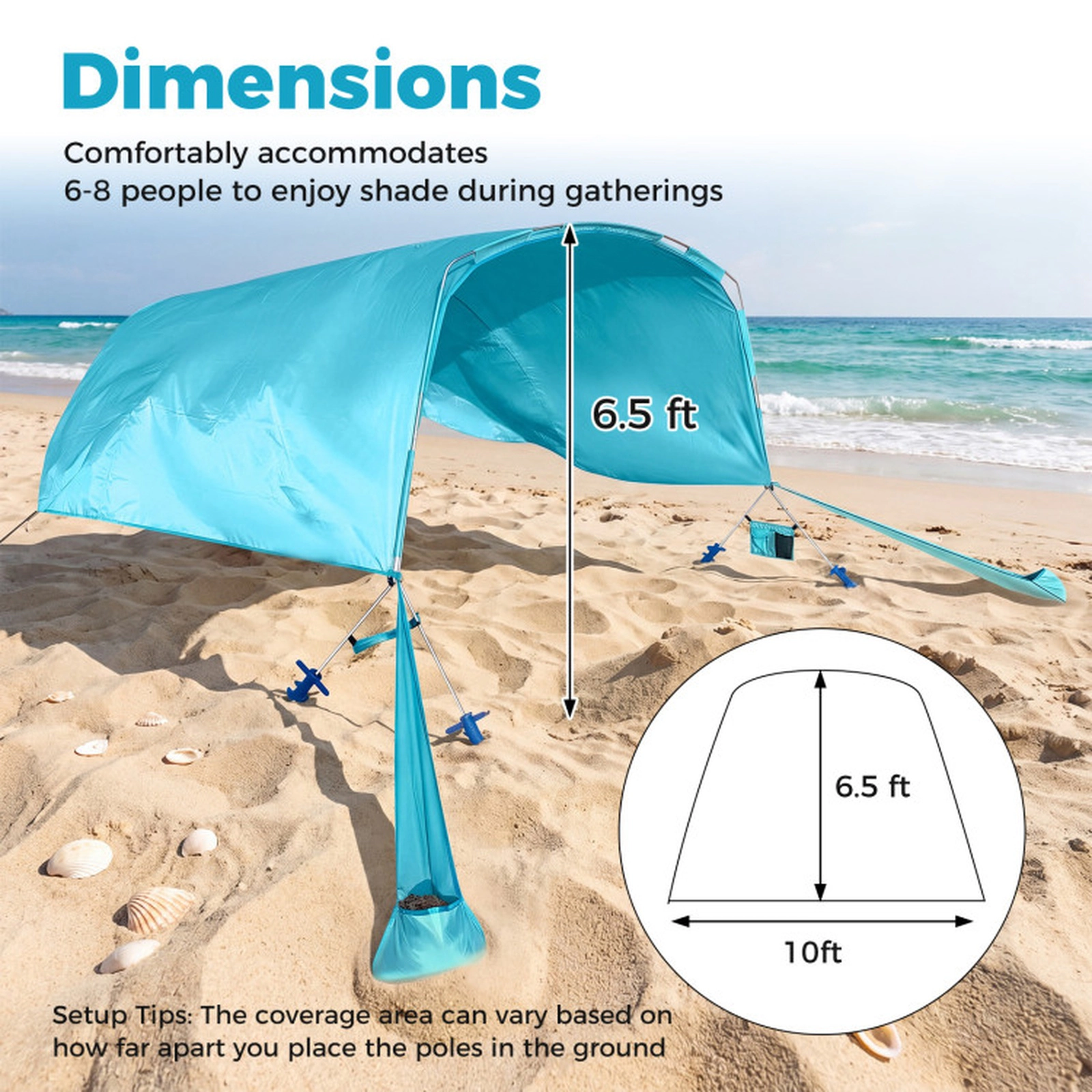 SUGIFT Blue 10-ft x 6.5-ft Wind Powered Beach Tent Sun Shelter Canopy with Sand Anchors and Carry Bag