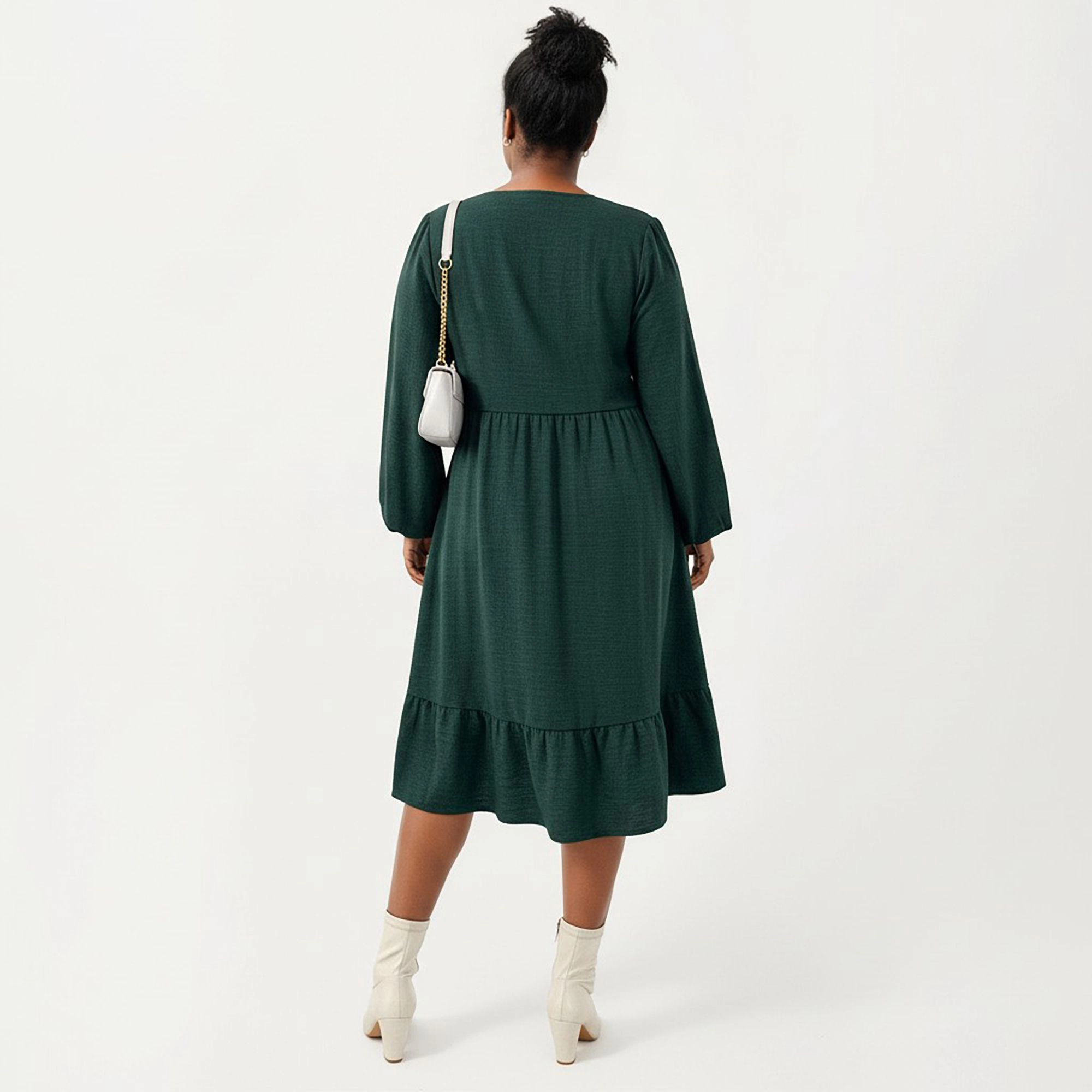 Anna-Kaci Women's Plus Long Sleeve Embroidered Elastic Waist Tiered Hem Midi Dress