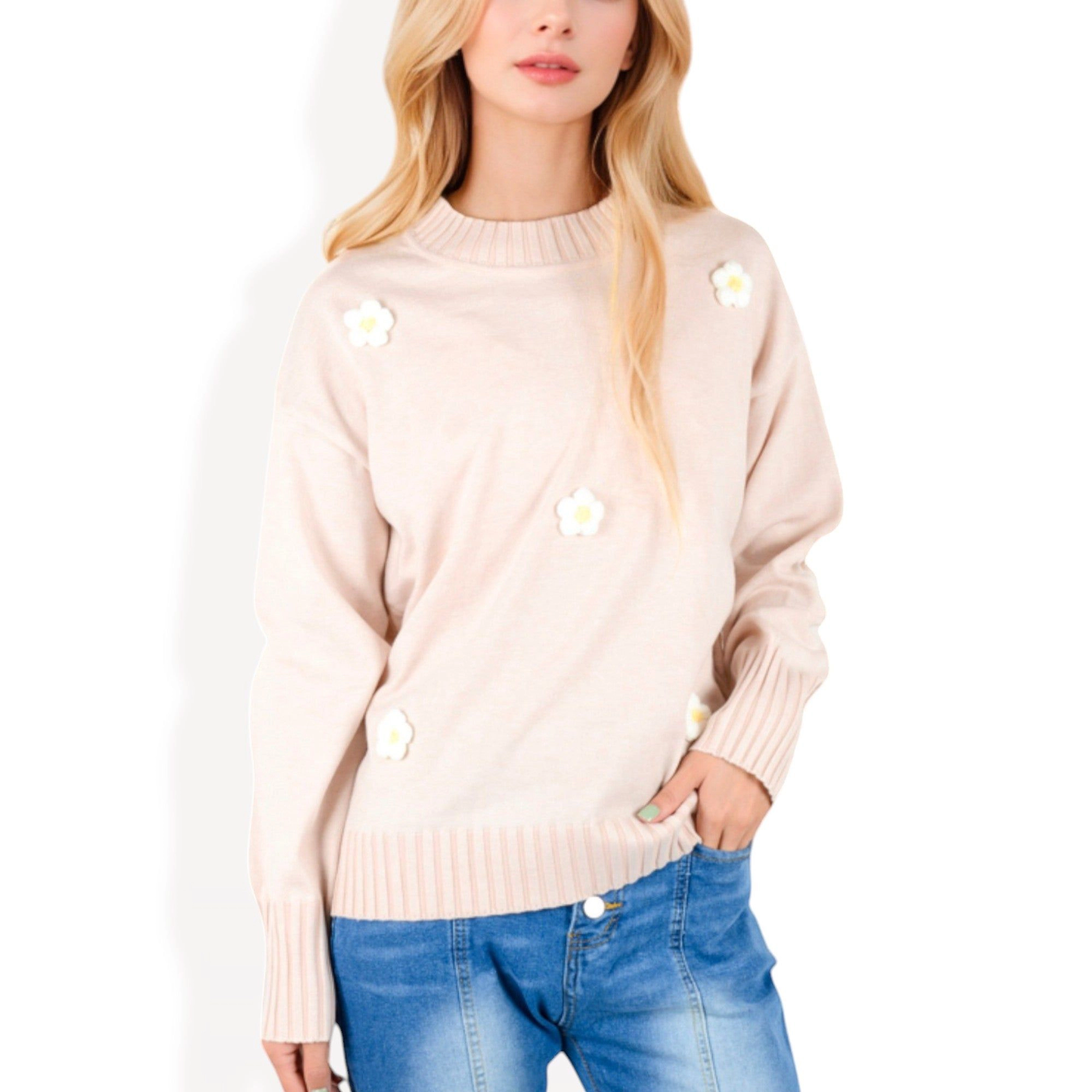 Anna-Kaci Women's Knit Pullover Sweater with Embroidered 3D Floral Appliques for Everyday Wear