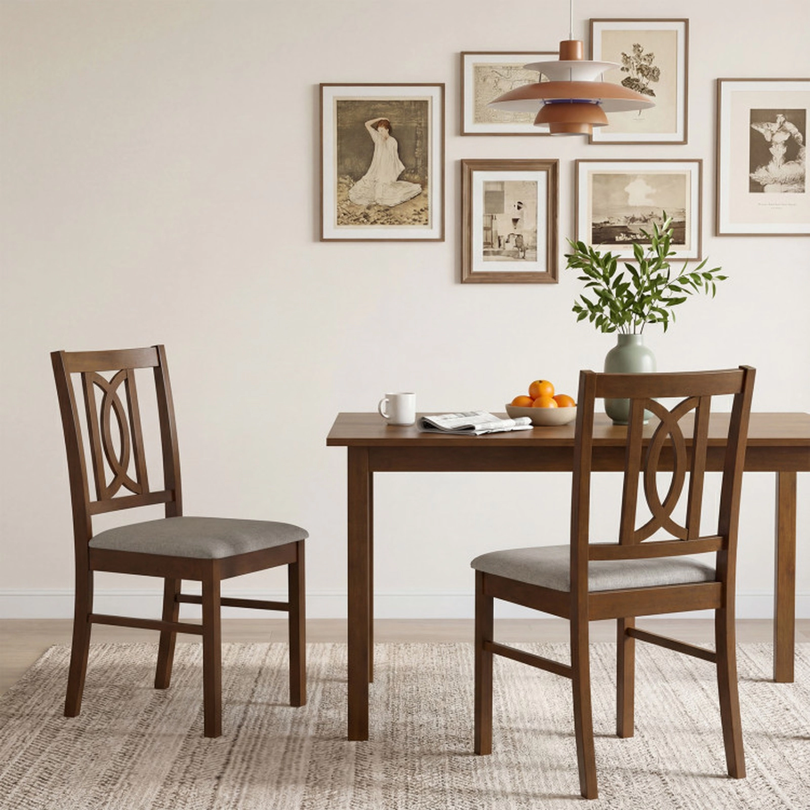 SUGIFT Set of 2 Walnut Rubber Wood Dining Chairs with Padded Faux Linen Seats