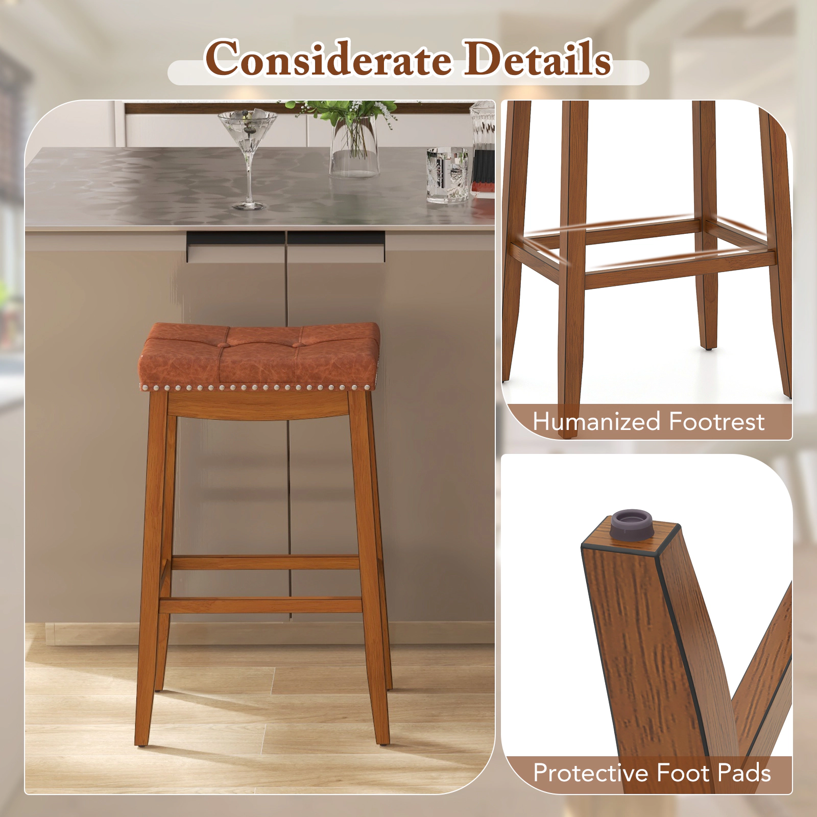 SUGIFT Set of 2 Upholstered PU Leather Saddle Bar Stools 285-lb Capacity 25-in Counter and 29-in Bar Heights Brown