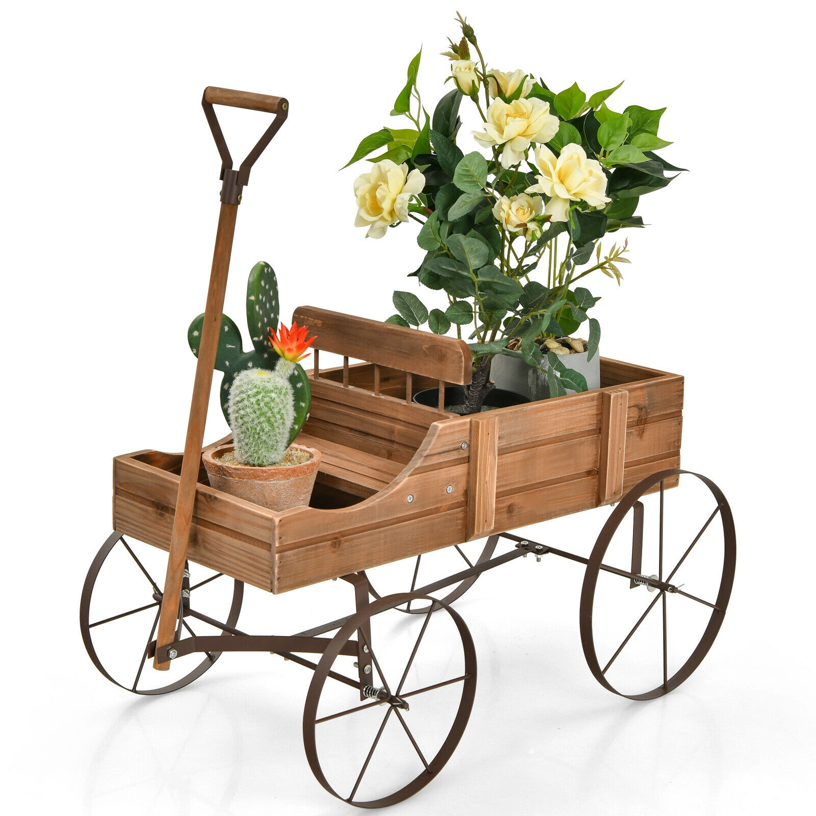 SUGIFT 24.5-in 33-lb Capacity Fir Wood Wagon Garden Planter with 4 Metal Wheels and Pull Handle