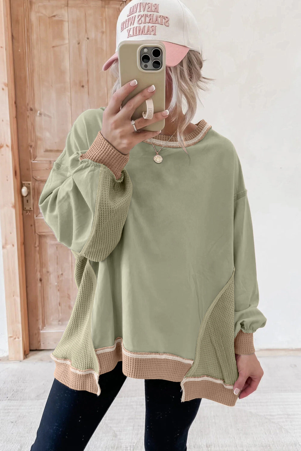 Threaded Pear Women's Maelynn Waffle Patchwork Oversize Sweatshirt