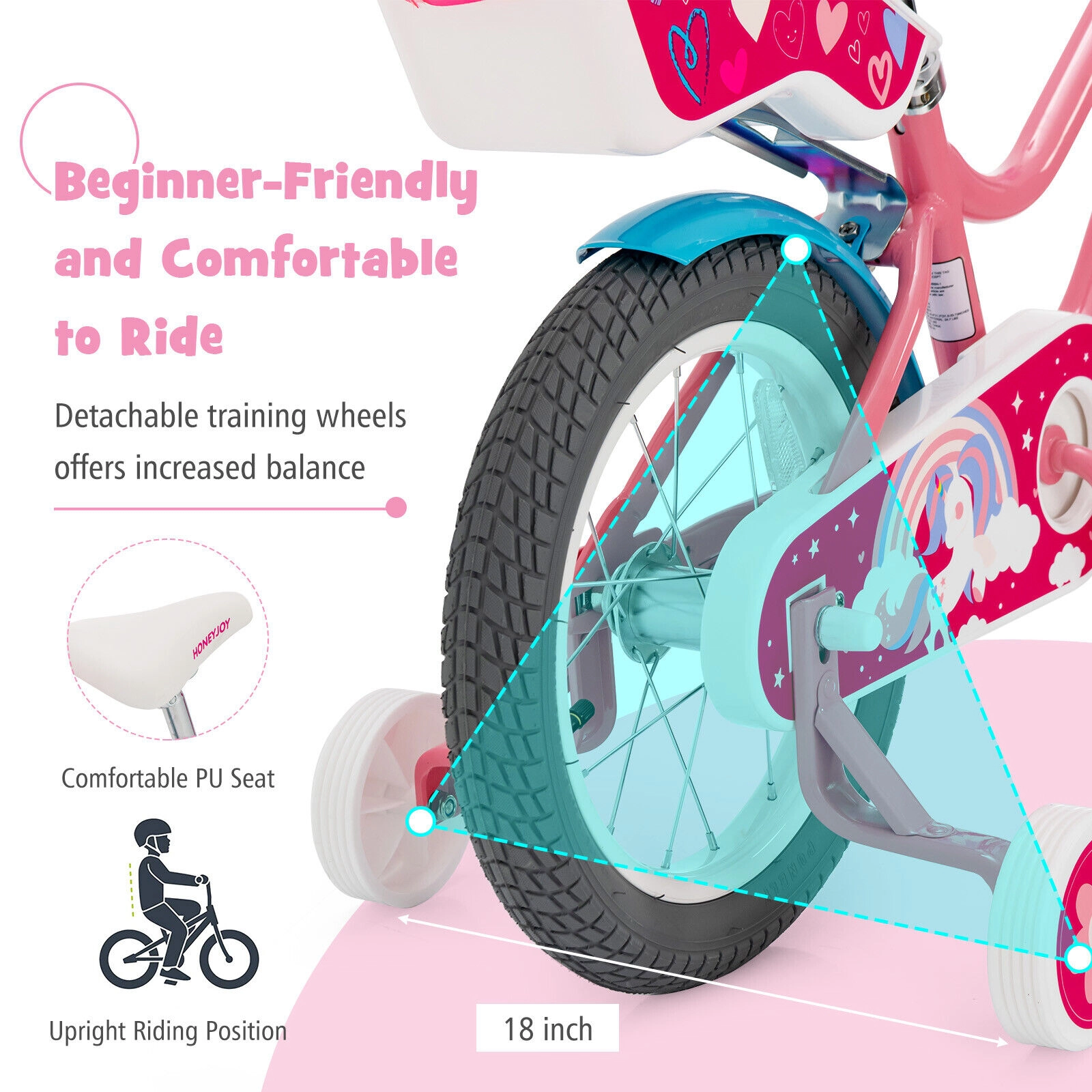 SUGIFT Kids Bicycle with Training Wheels Basket and Doll Seat 110-lb Capacity Ages 4-8 Pink 14-Inch Wheel