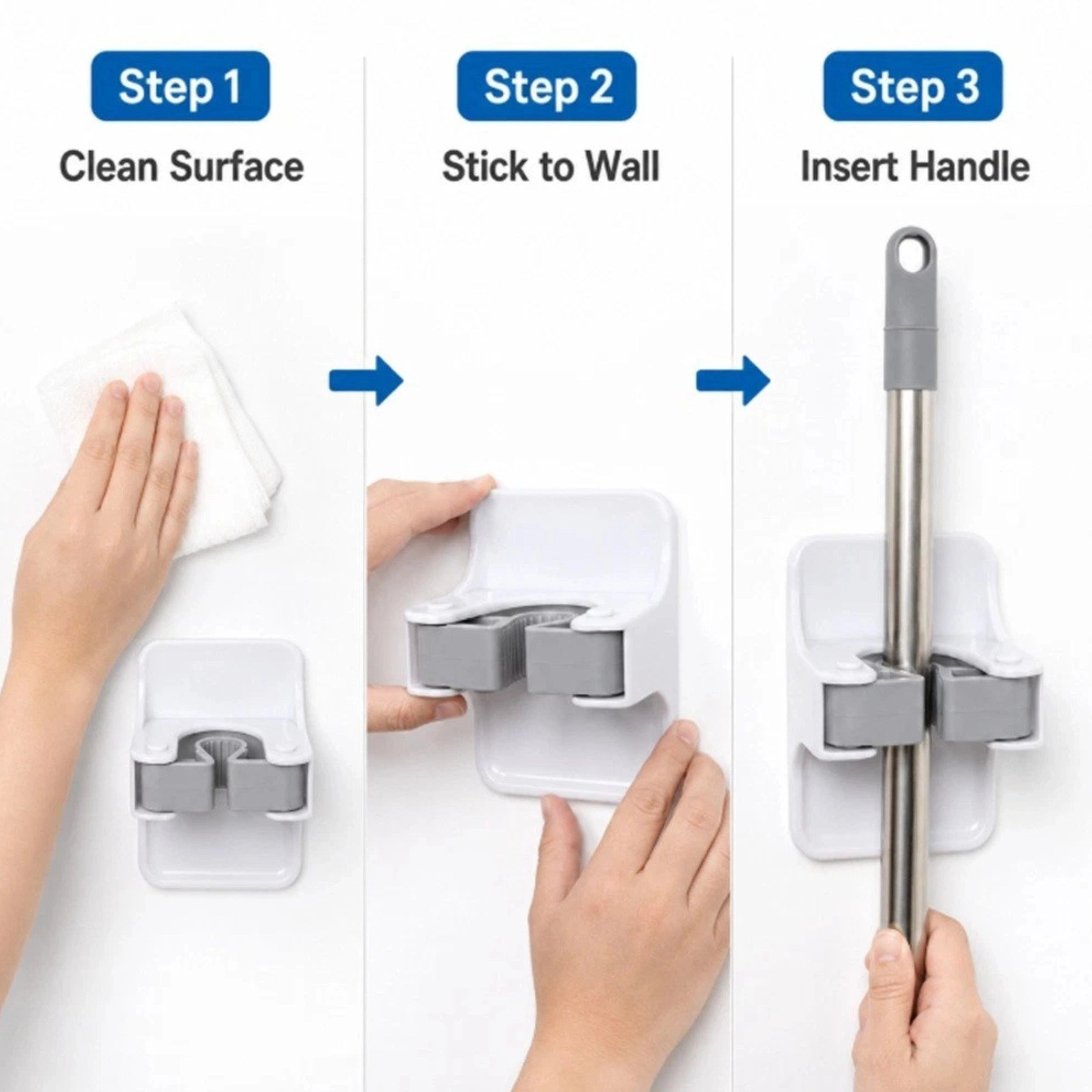Home Collection Pack of 4 Self-Adhesive Broom Mop Holder Wall Mount Gripper Rack