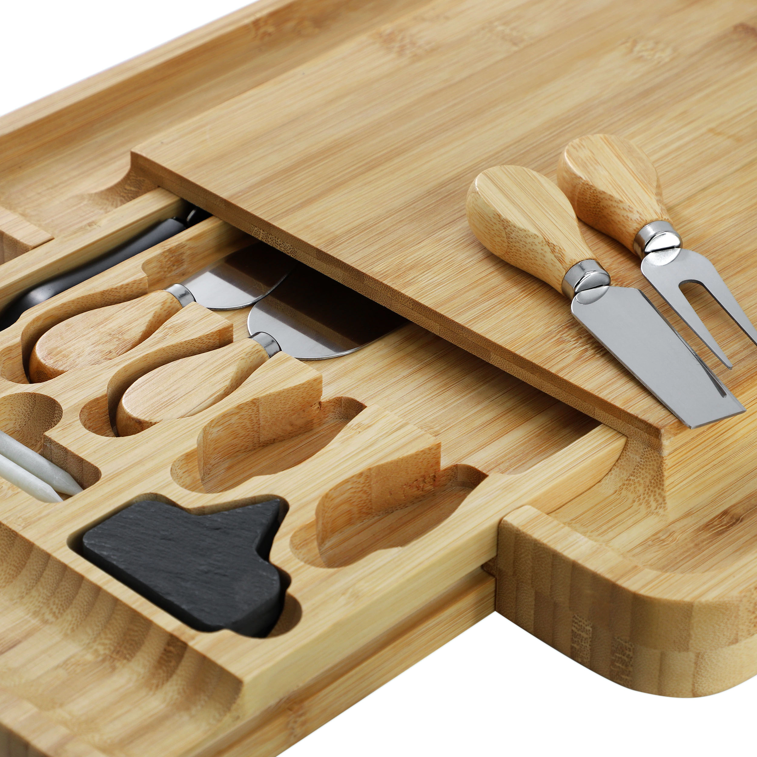 MegaChef Bamboo Charcuterie Cheese Board Slide Out Drawer Cheese Utensils, Bottle Opener, 3 Piece Mini Chalkboard Set