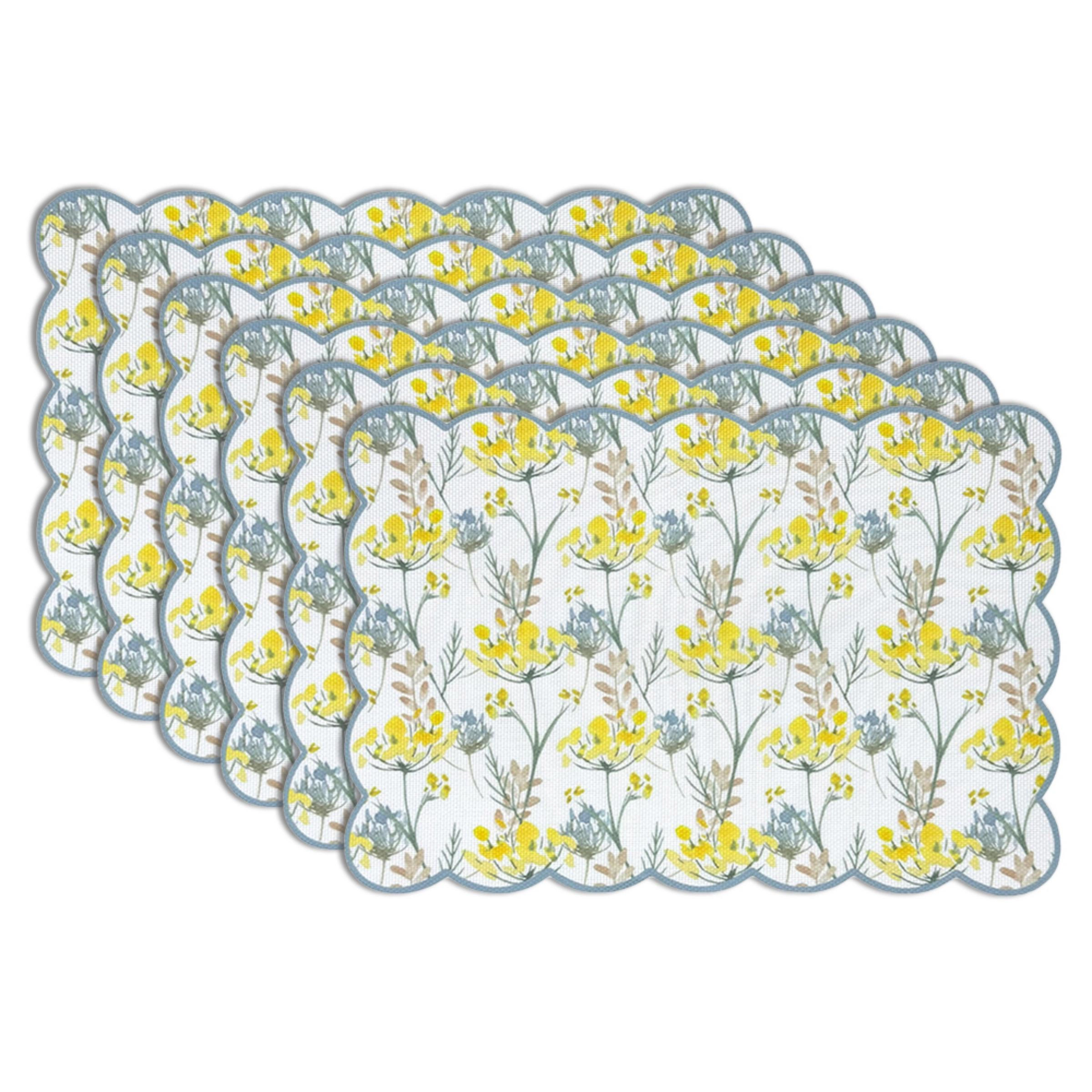 Dainty Home Floral Woven Vinyl Scalloped Border Reversible 13" x 19" Placemat Set of 6
