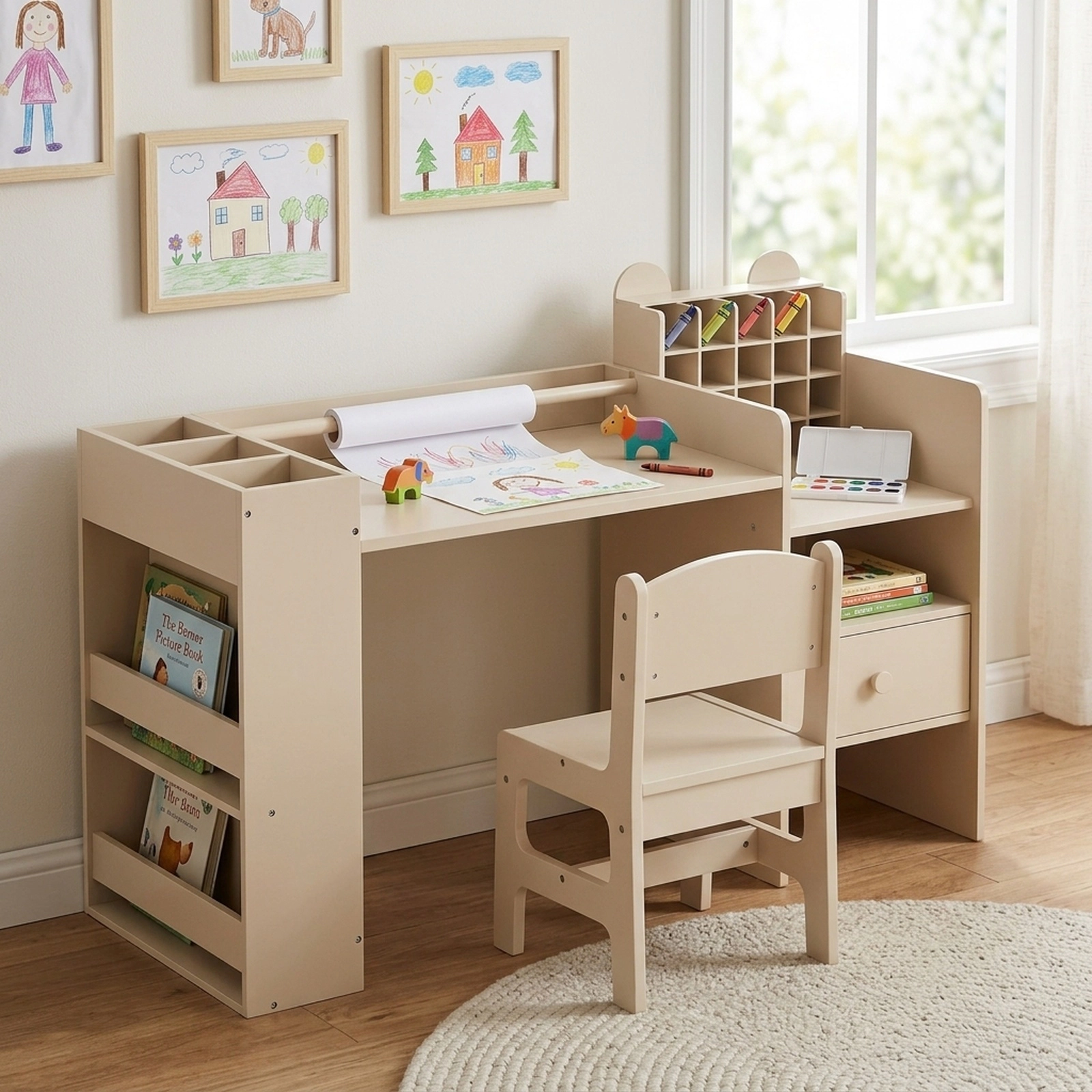 SUGIFT Kids Art Desk and Chair Set, Natural Craft Table with Paper Roll Holder and Removable Storage