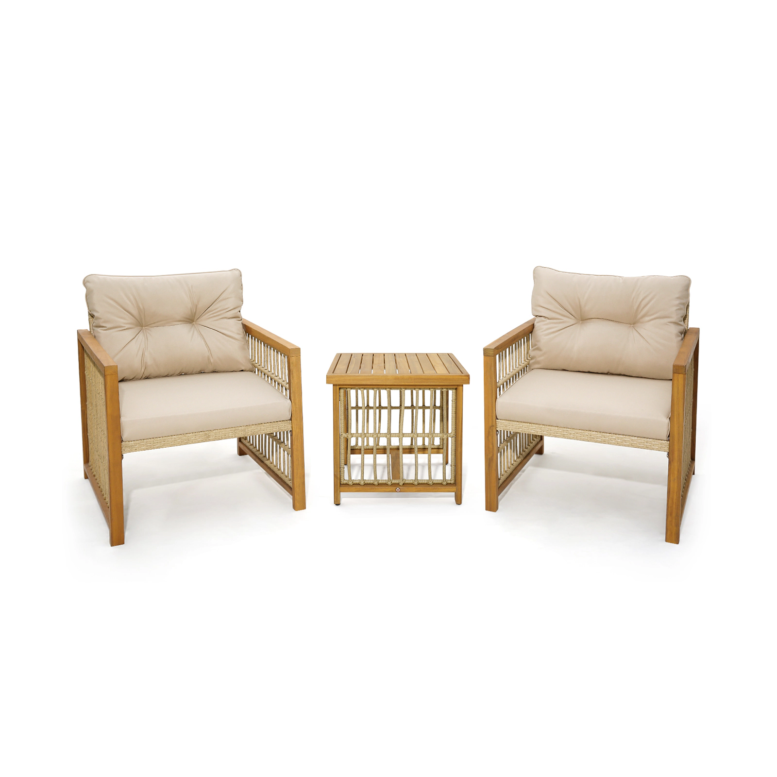 LJG 3 Pieces Patio PE Wicker Conversation Set with Acacia Wood Frame and Cushions