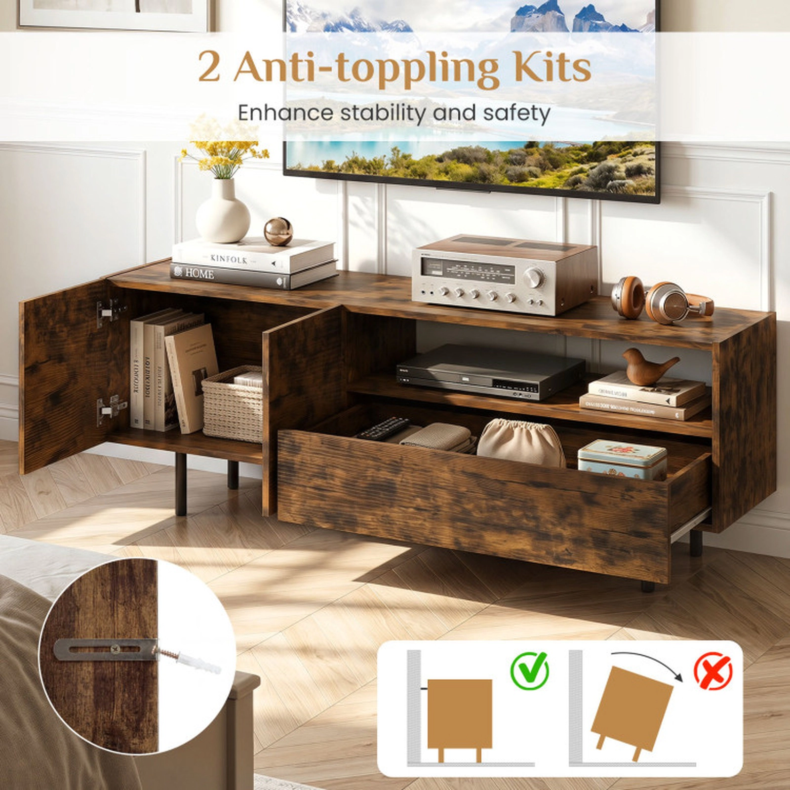 SUGIFT 60 in TV Stand Rustic Brown for 70 in TVs with Storage Cabinet Drawer and Metal Legs