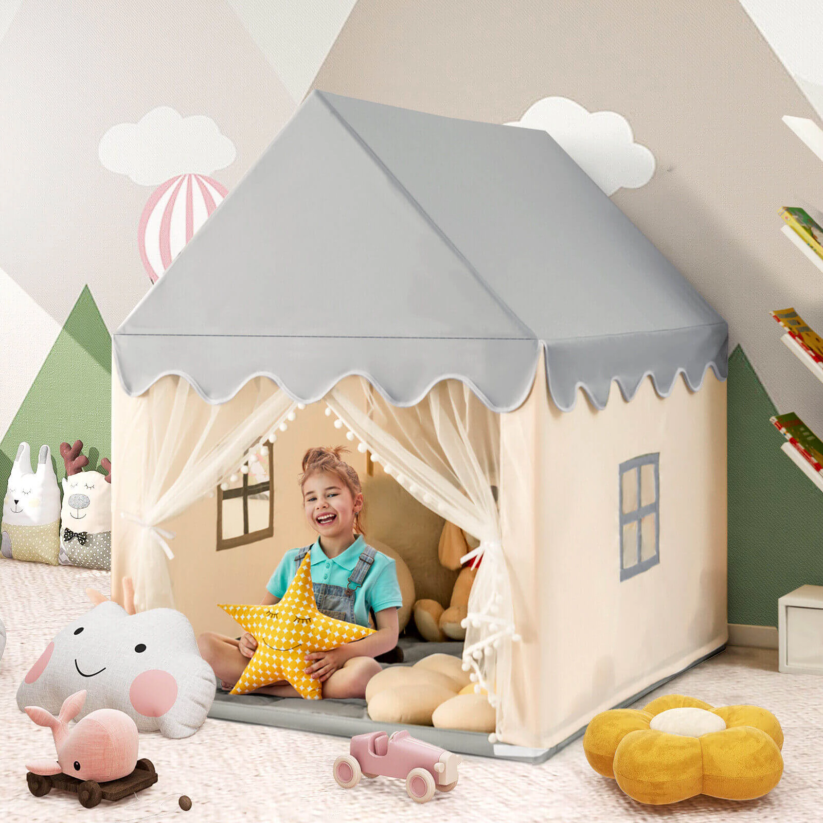 SUGIFT Large Play Castle Fairy Tent with Mat Solid Wood Frame 55-in Tall Indoor Outdoor Play Tent Beige