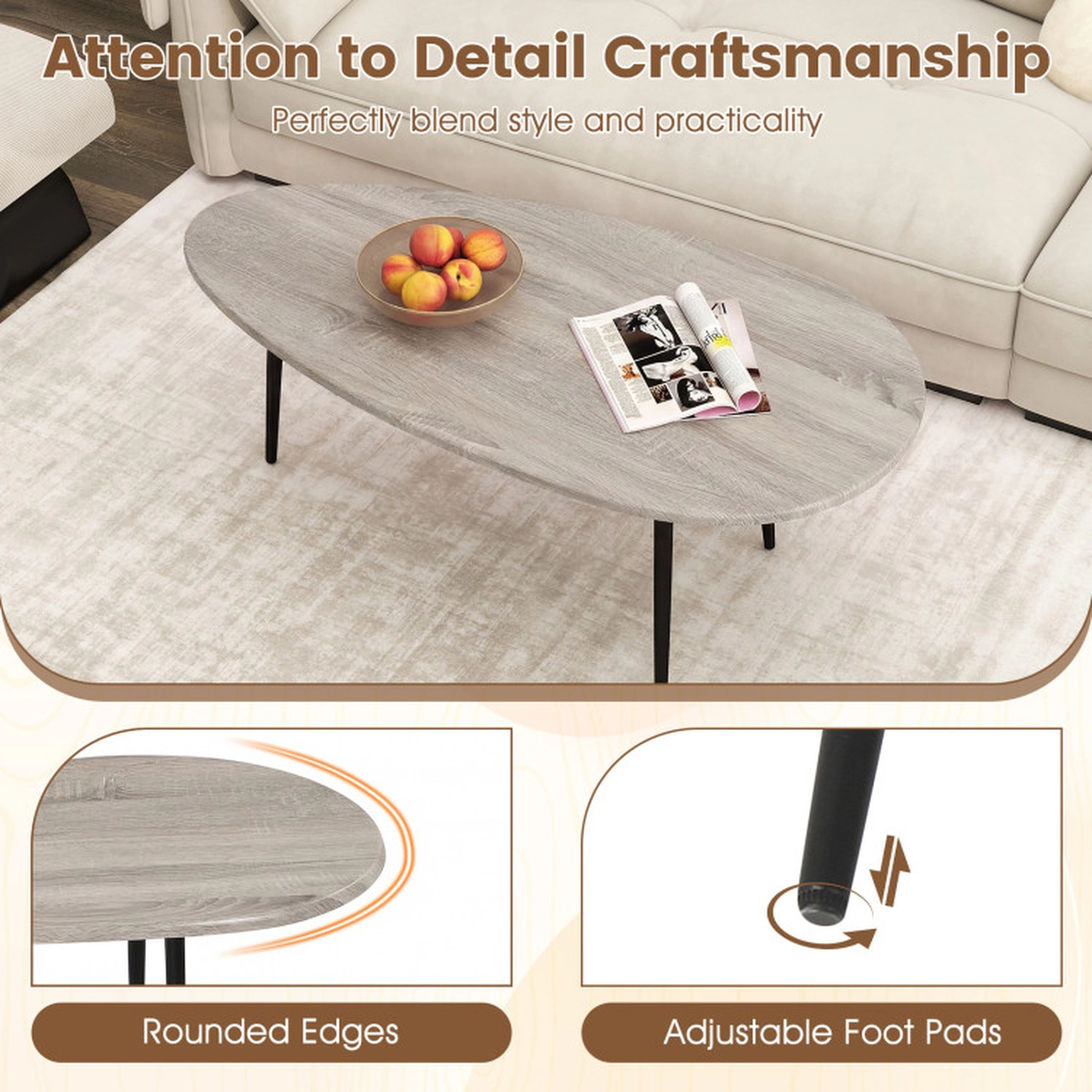 SUGIFT 42.5-in 99-lb Capacity Oval Mid Century Gray Coffee Table with Metal Frame and Adjustable Pads