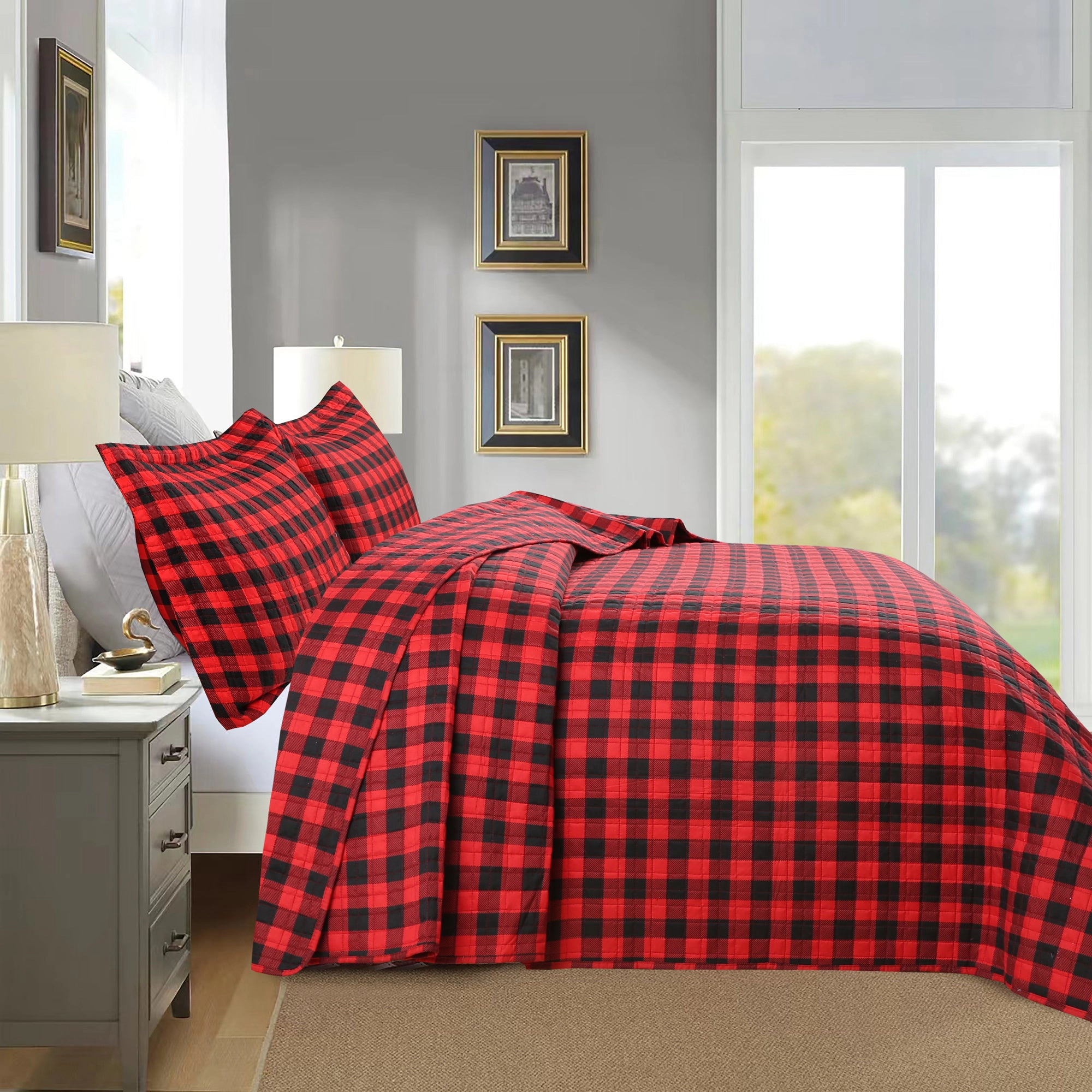 MarCielo 3 Piece Buffalo Plaid Christmas Quilt Set – Red Black Checkered Bedspread Set