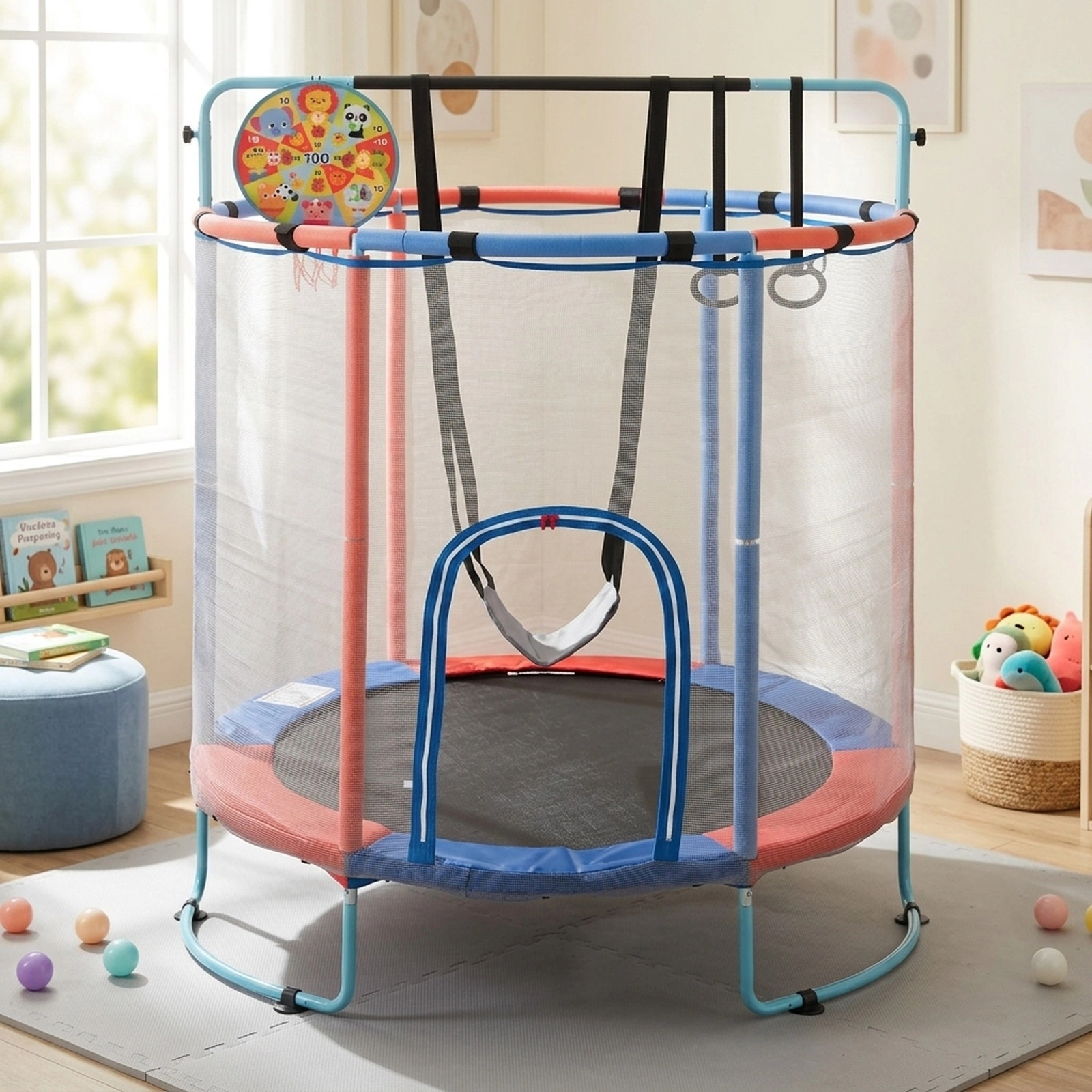 SUGIFT 55-in Kids Trampoline with Adjustable Gymnastics Bar & Basketball Hoop 110-lb Capacity Ages 3+ Navy/Purple/Yellow