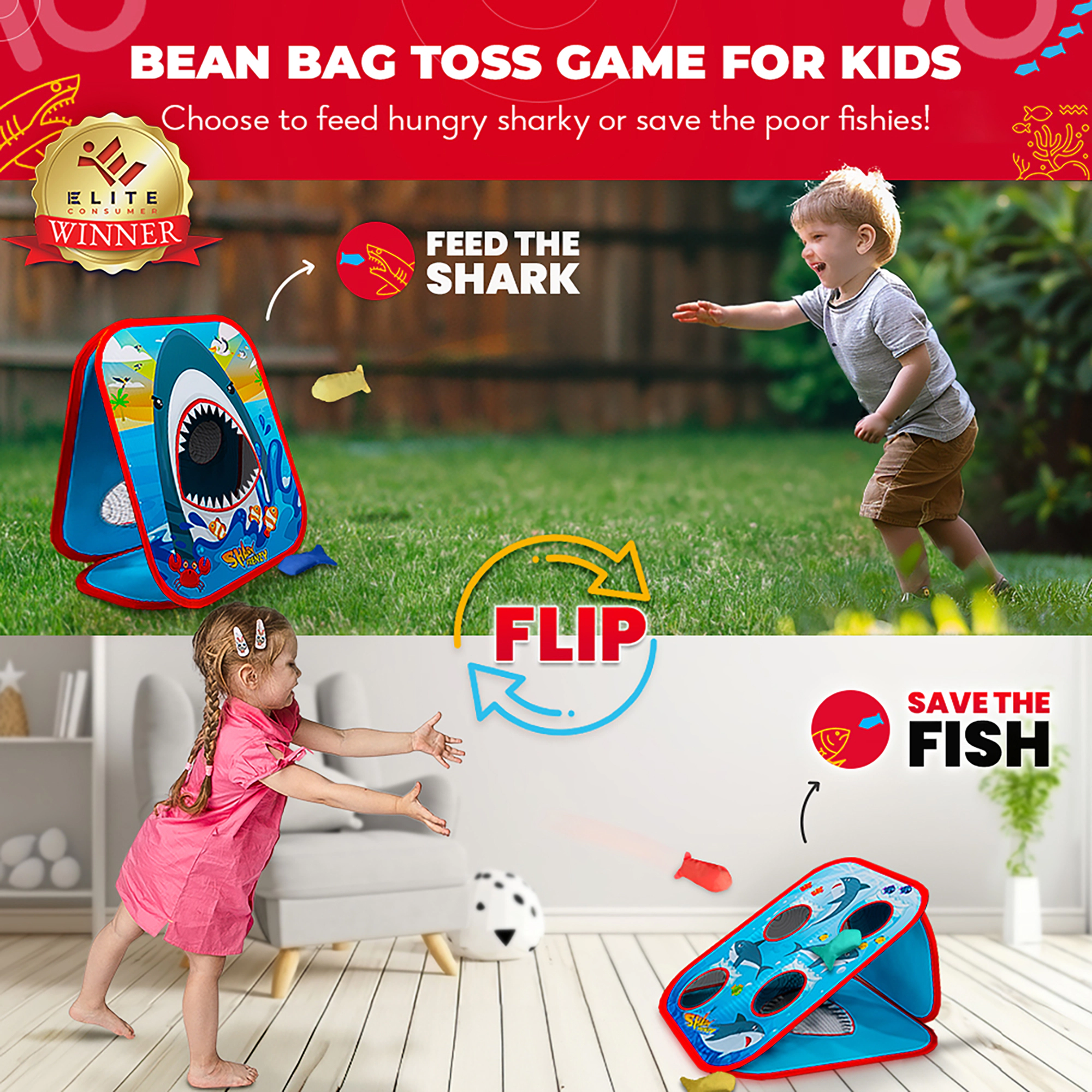 Swooc Games | Shark Frenzy™ | 2-In-1 Bean Bag Toss Game For Kids