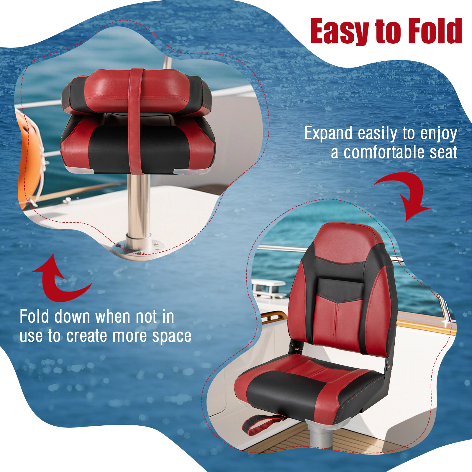 SUGIFT 250-lb Capacity Waterproof PVC High Back Folding Boat Seat with Sponge Cushion and Aluminum Hinges