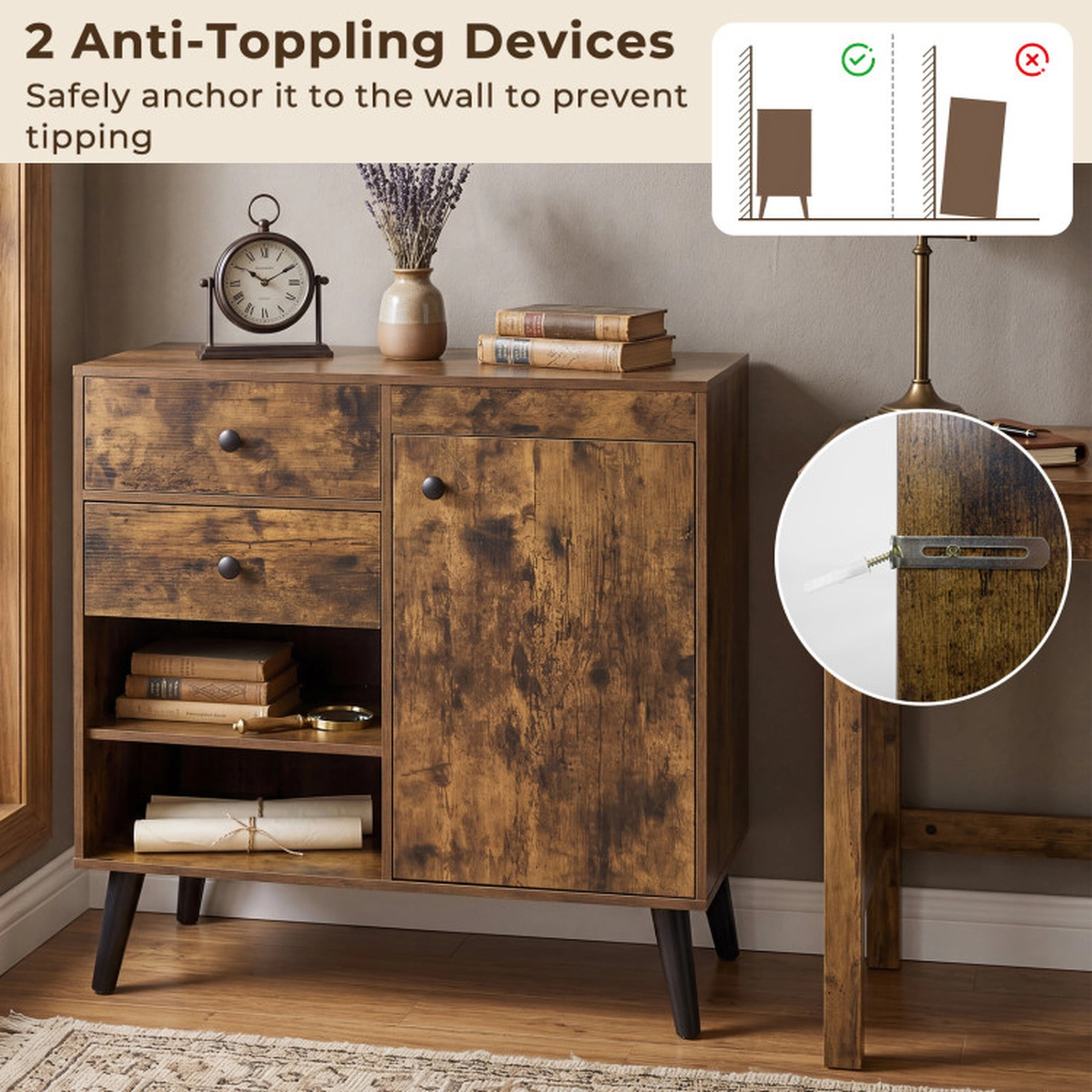 SUGIFT 31-in Sideboard Cabinet with 2 Open Compartments 2 Drawers and Single-Door Cabinet 135-lb Capacity Rustic Brown