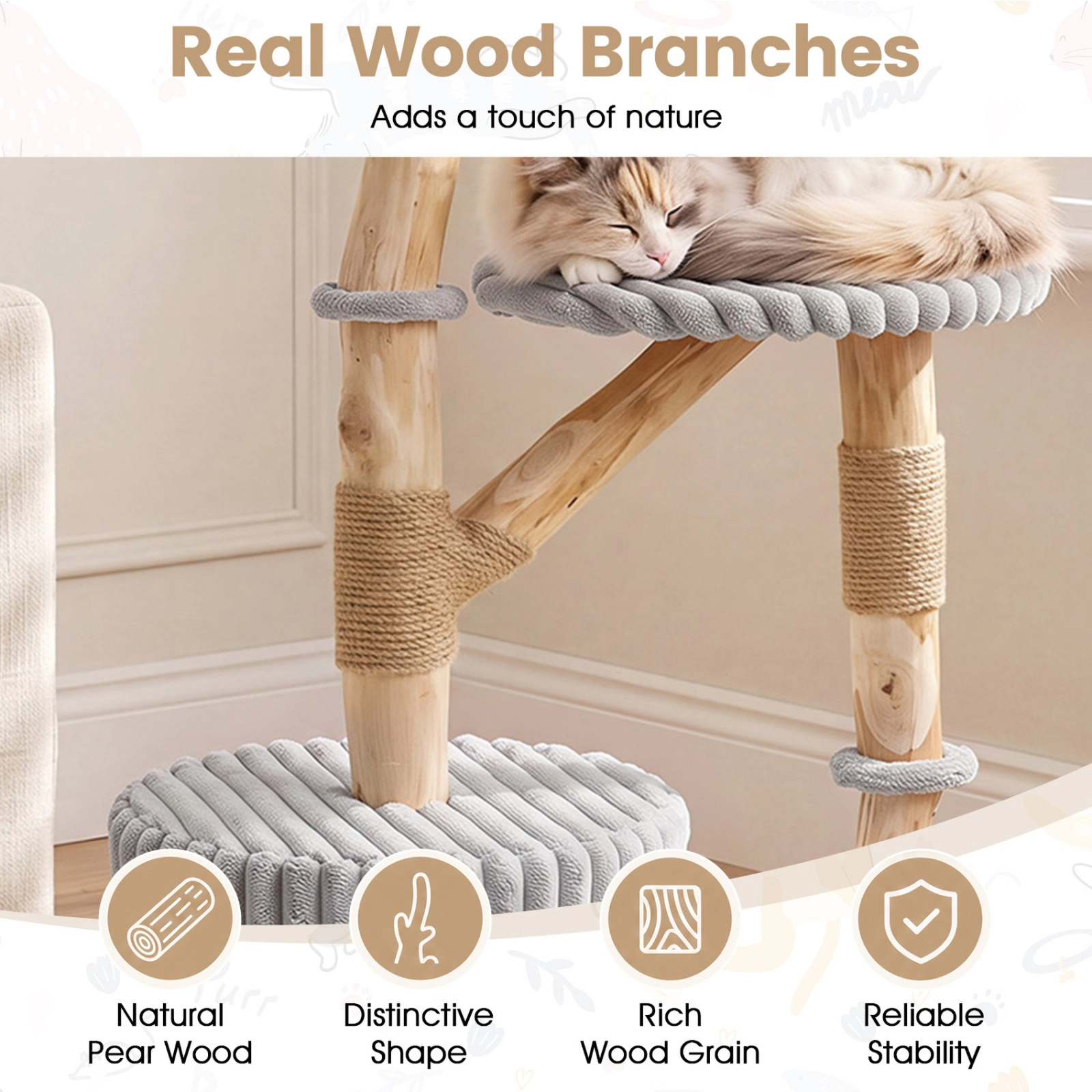 SUGIFT 41-in Solid Wood Cat Tree with Real Pear Wood Branches 16-in Top Perch and Washable Cushion Bed