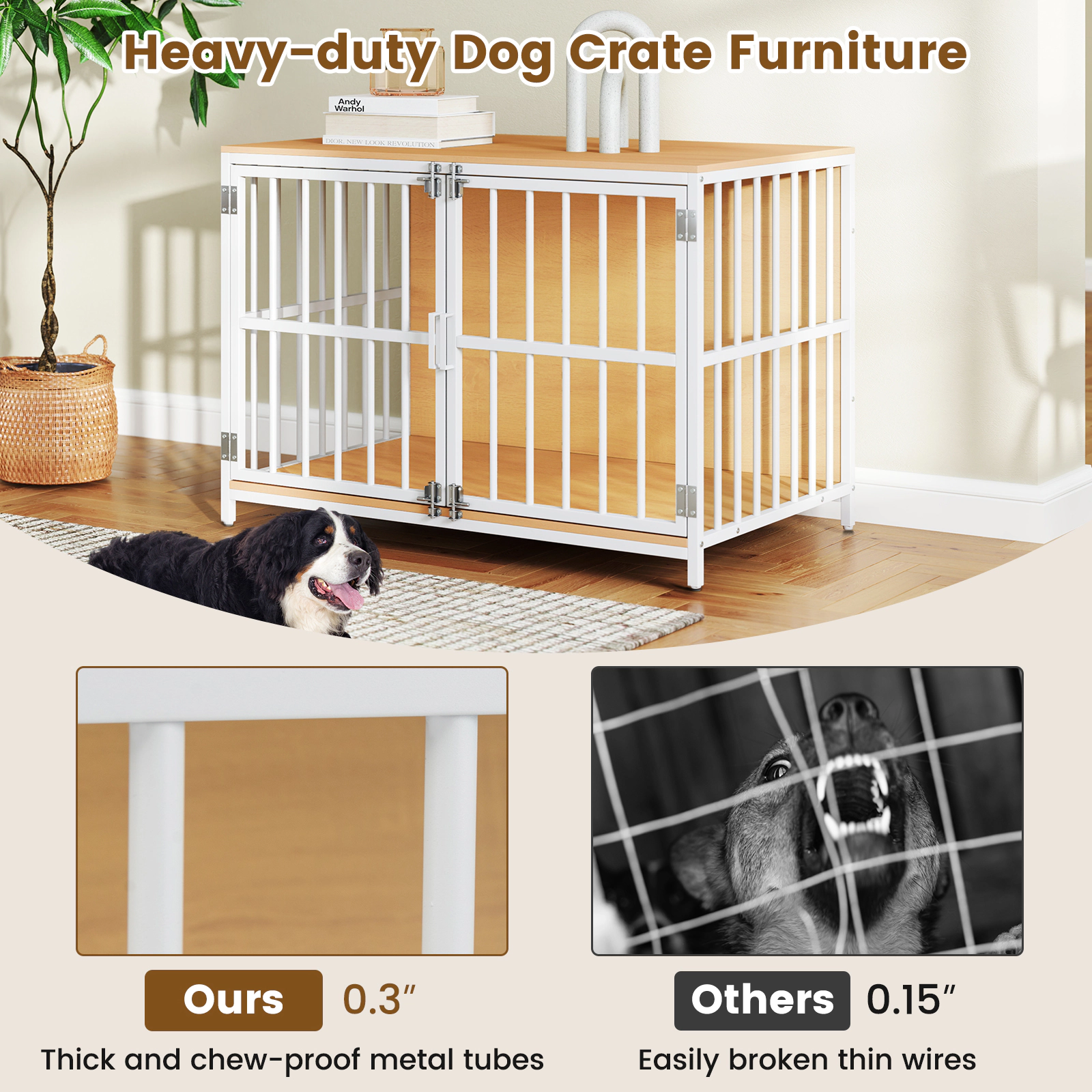 SUGIFT 40 in Dog Crate Furniture Natural Wooden Kennel with Dual Lockable Double Doors