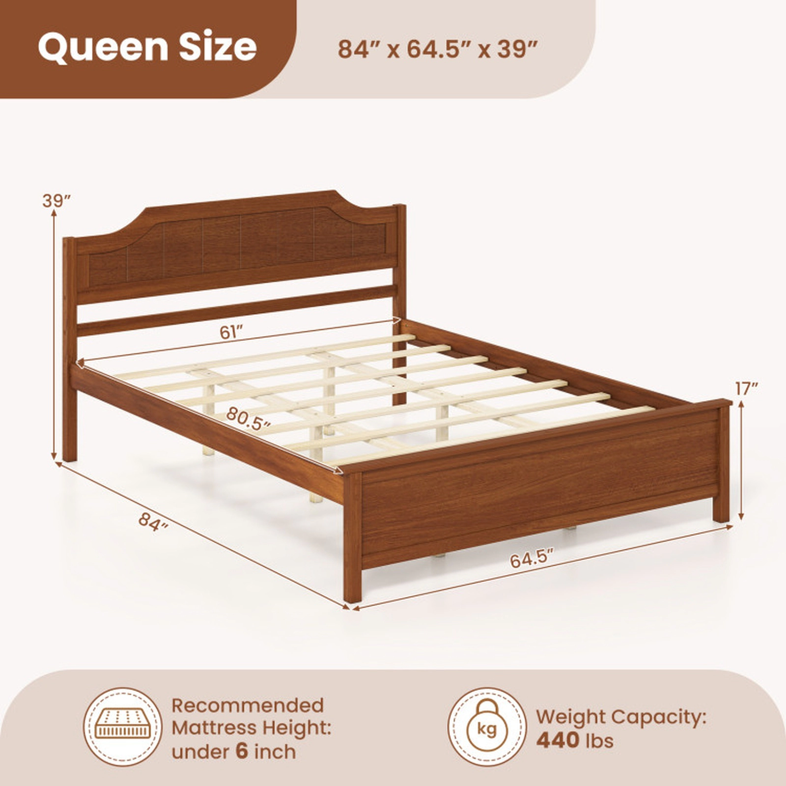 SUGIFT Queen Size 440-lb Capacity Walnut Solid Wood Platform Bed Frame with Headboard and 8 Plywood Slats