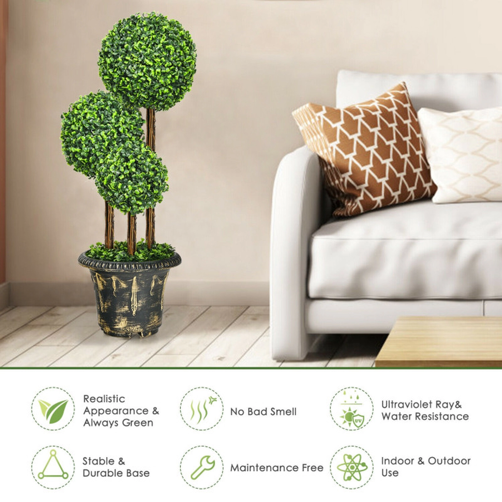 SUGIFT 36-in Artificial Triple Ball Topiary Tree with Real Wood Rattan Iron Tube Frame and Cement Pot