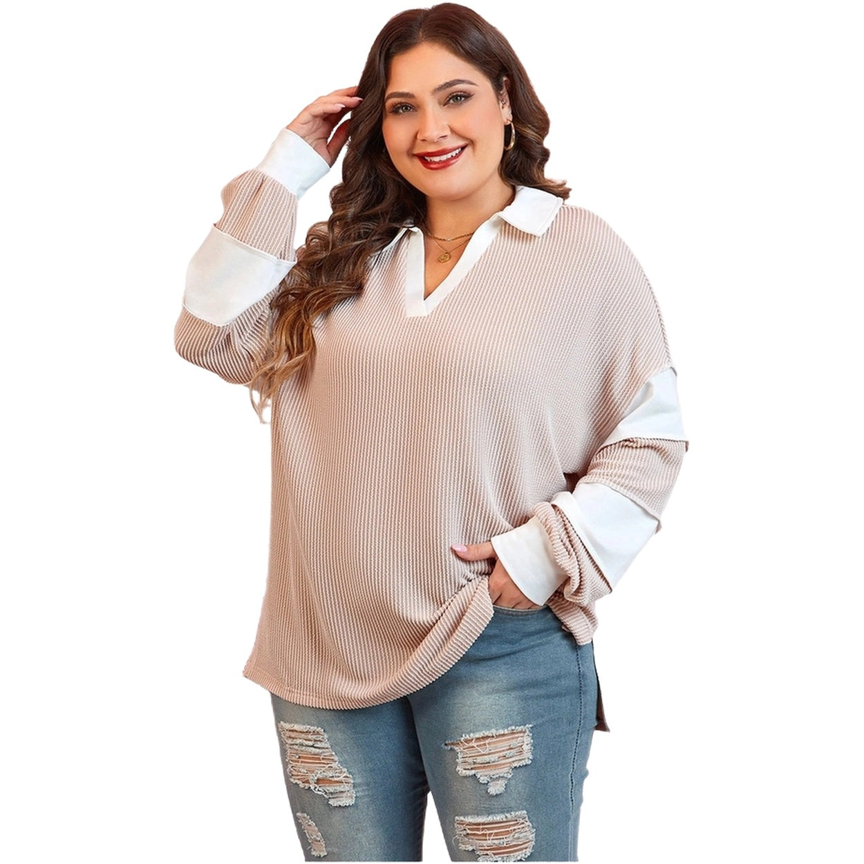 Sol Living Womens Corded Colorblock Long Sleeve Slit V Neck Plus Top