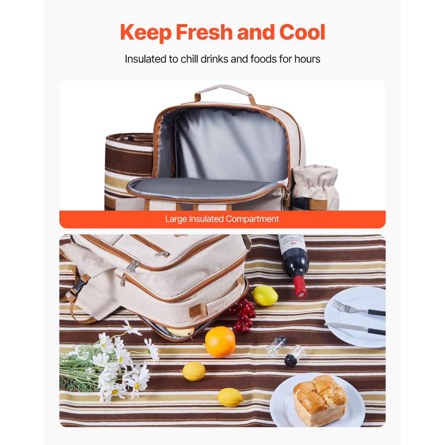 HONGGE Picnic Backpack, Beach Backpack Bag with Insulated Cooler Compartment, Detachable Bottle/Wine Holder