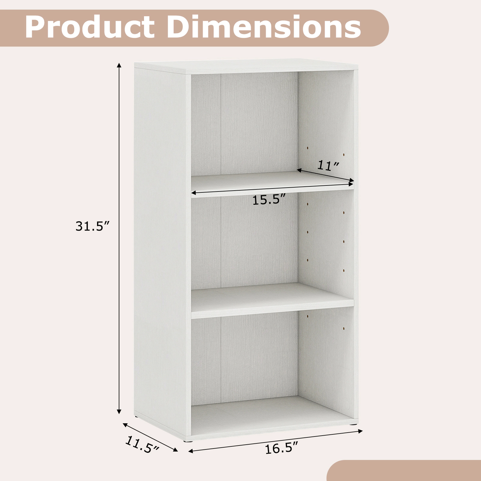 SUGIFT 3-Tier Open Shelf Bookcase Storage Cabinet 55-lb Top Capacity 66-lb Shelf Capacity White