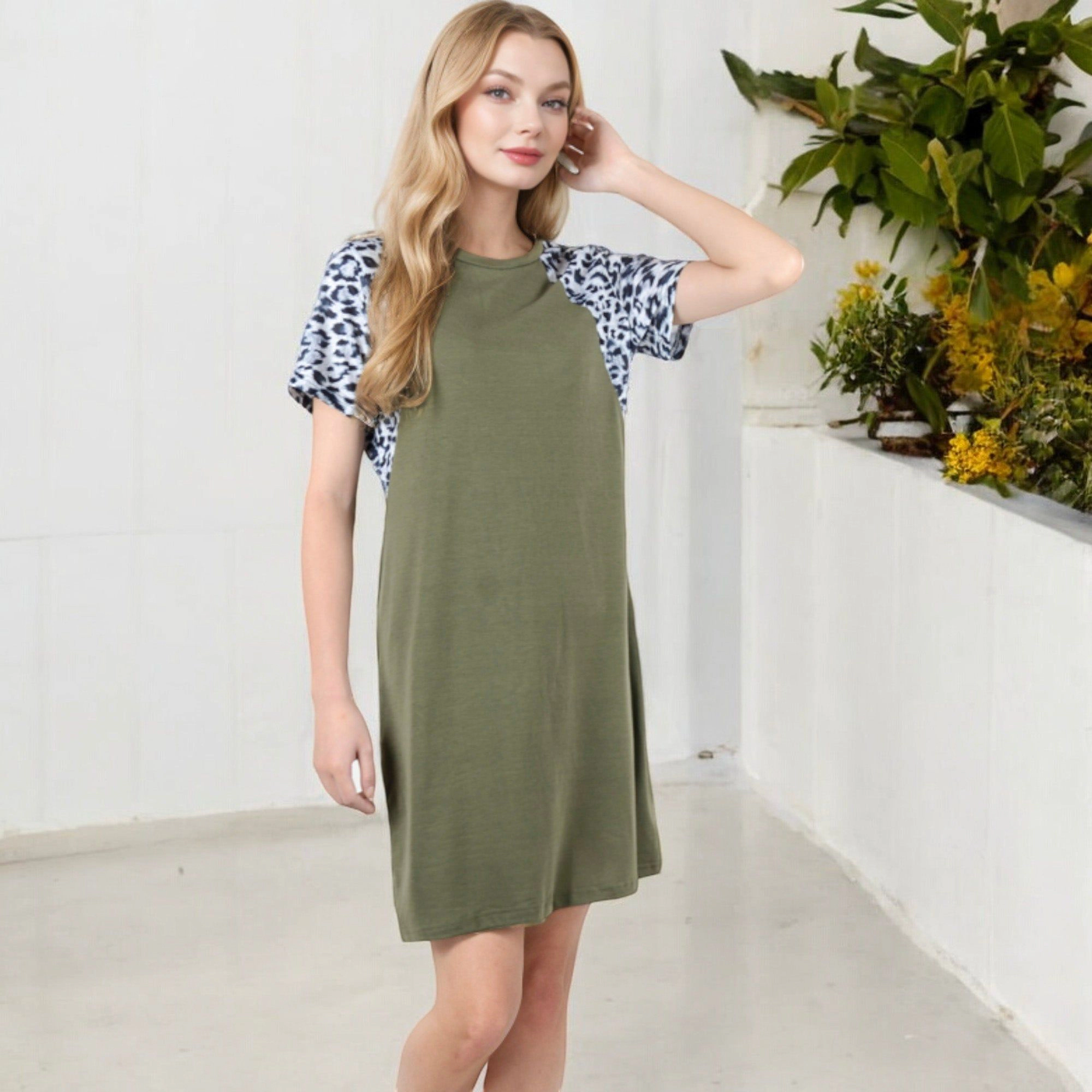 Anna-Kaci Women's Short Sleeve Leopard Print Raglan Relaxed Fit T-Shirt Dress