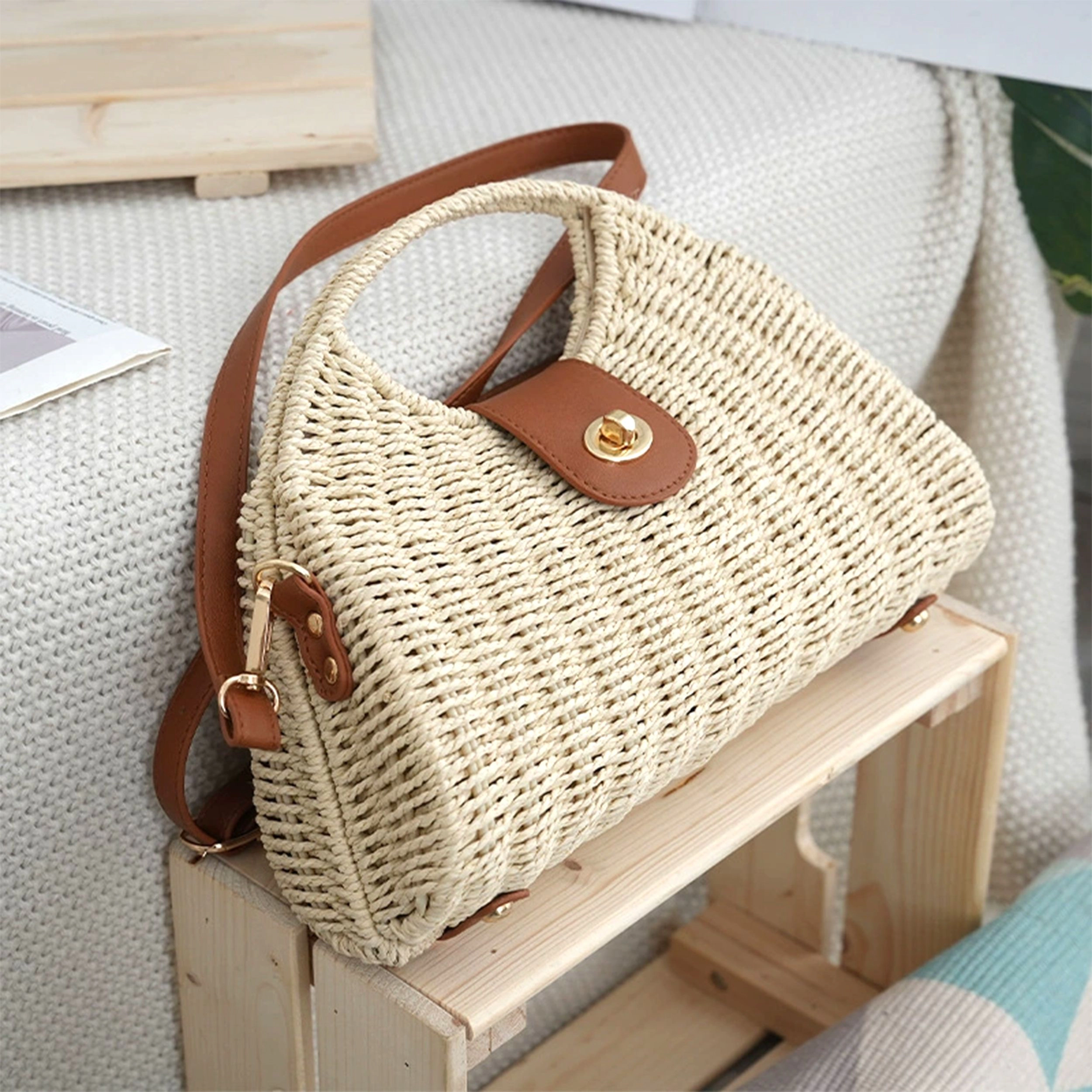 Alilang Women's Woven Straw Crossbody Bag with Top Handle Adjustable Strap Crochet Handbag, Beige