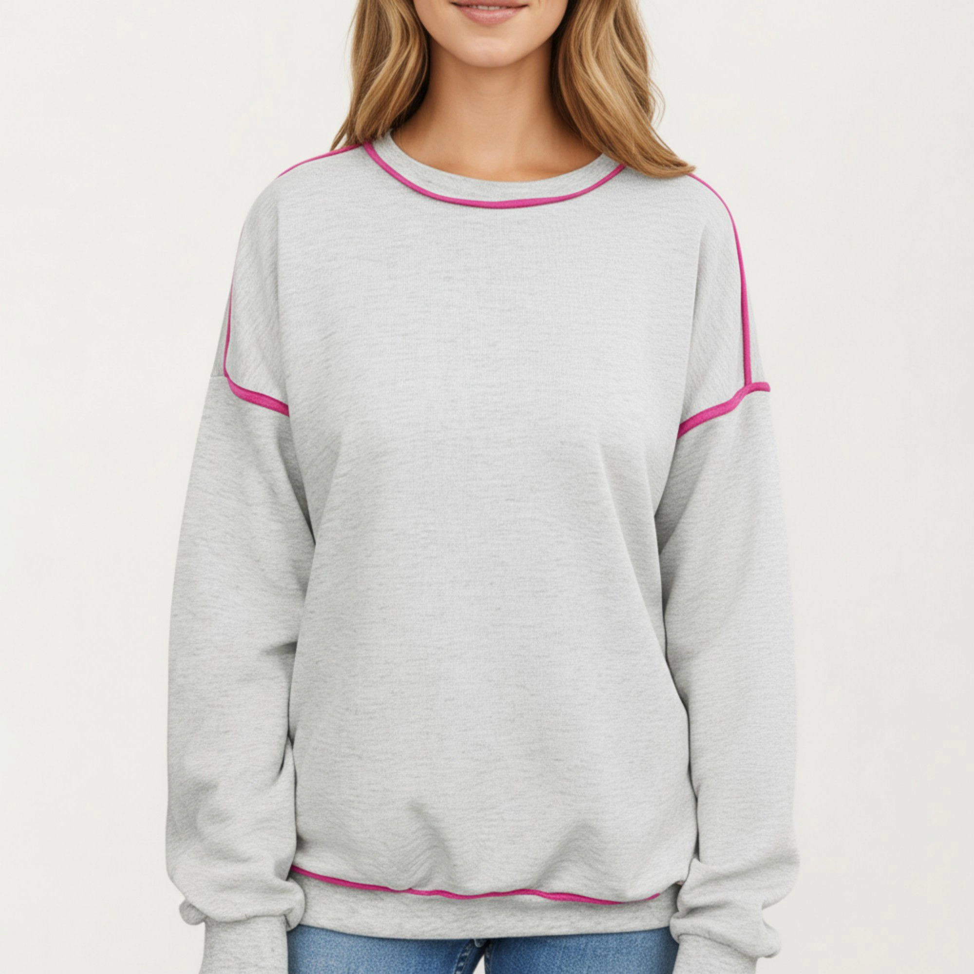 Anna-Kaci Women's Long Sleeve Crew Neck Pullover Sweatshirt with Contrast Piping Detail