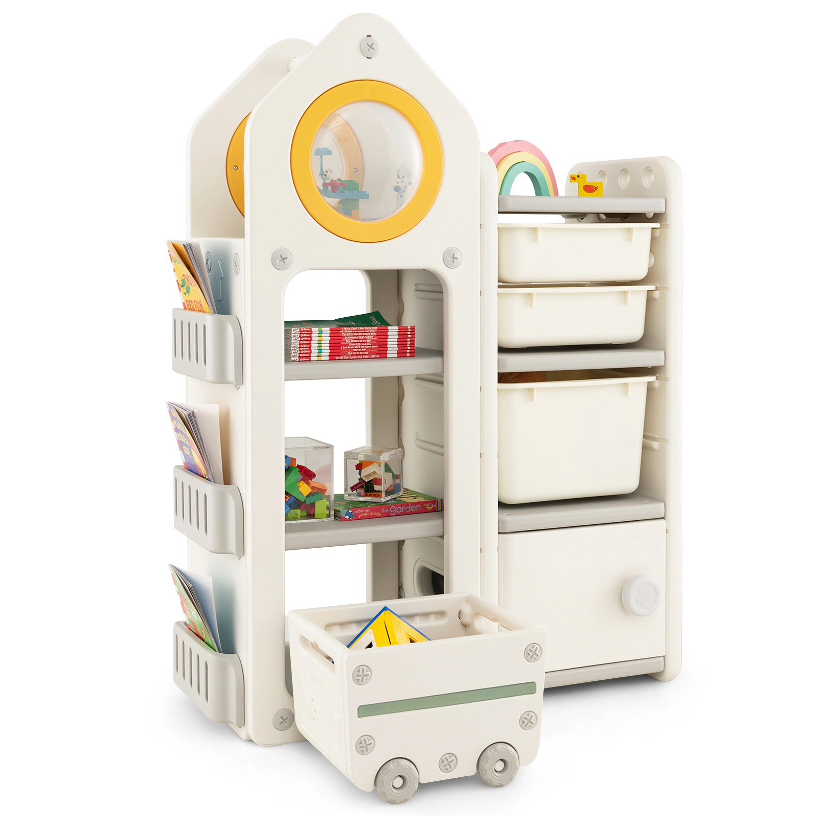 SUGIFT Kids Mobile Trolley Storage Bins Enclosed Cabinet HDPE Toy Chest Bookshelf 34-in x 15-in x 47-in Ages 3+ Gray