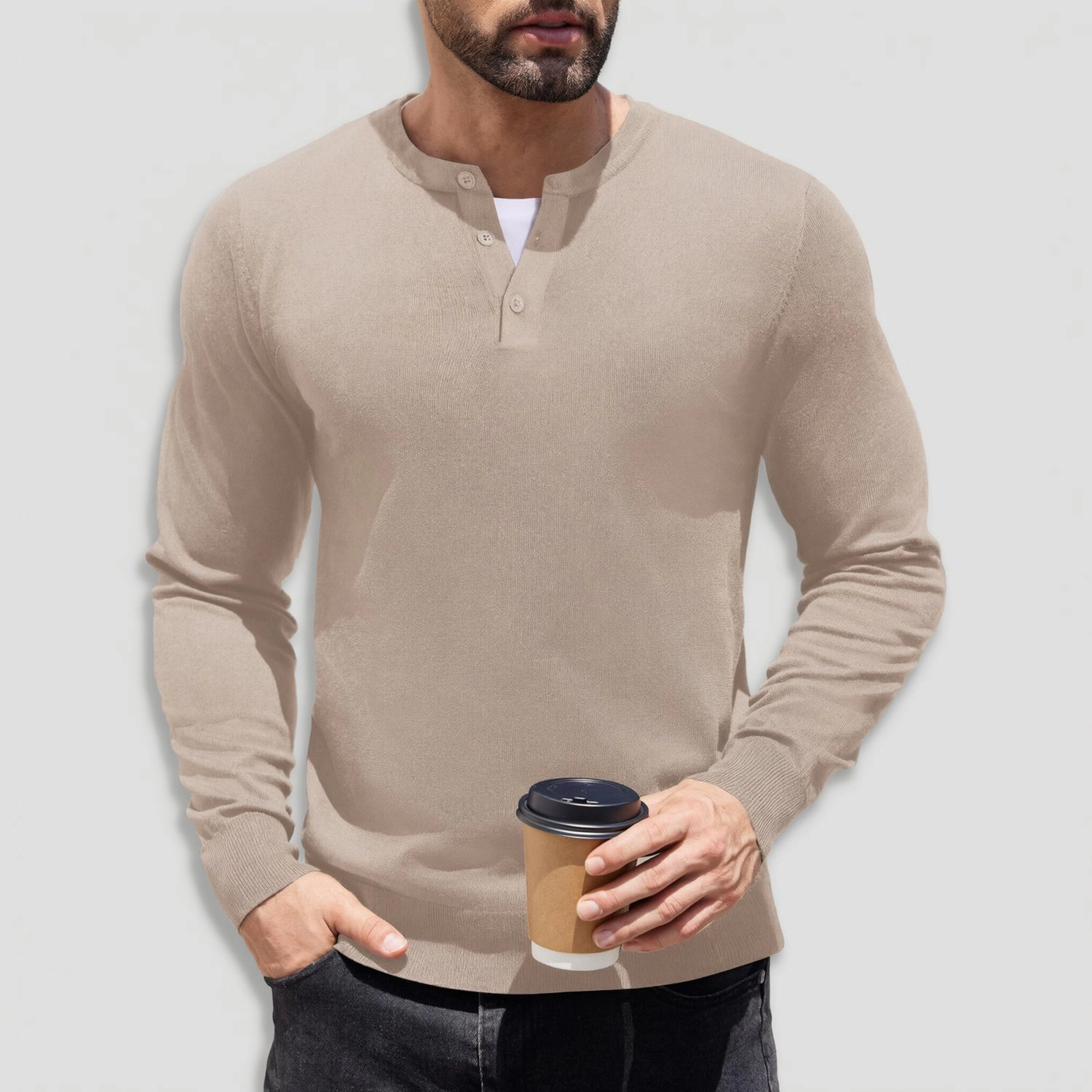 COOFANDY Mens Casual Long Sleeve Henley Sweater Fall Button Placket Pullover Tops