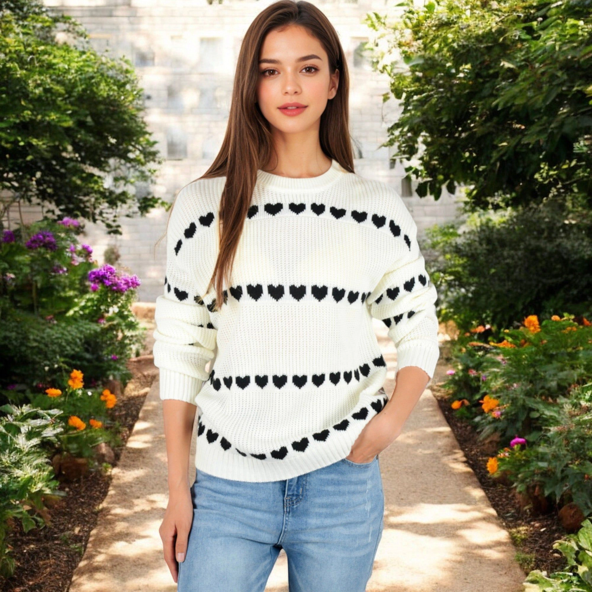 Anna-Kaci Women's Long Sleeve Knit Valentine Sweater with Heart Pattern and Crew Neck